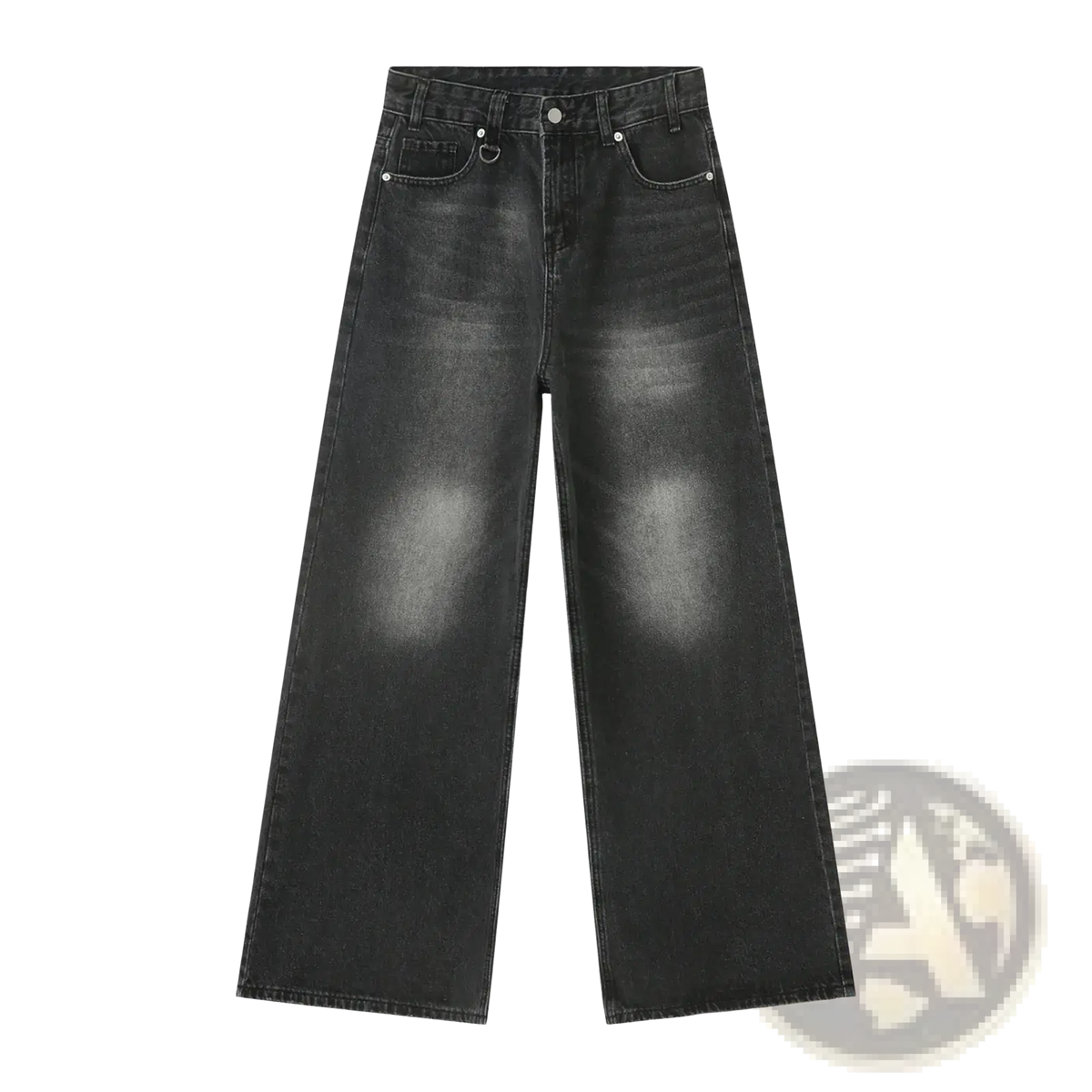 Men’s vintage wide leg baggy denim jeans in black with a faded distressed look and silver-toned hardware