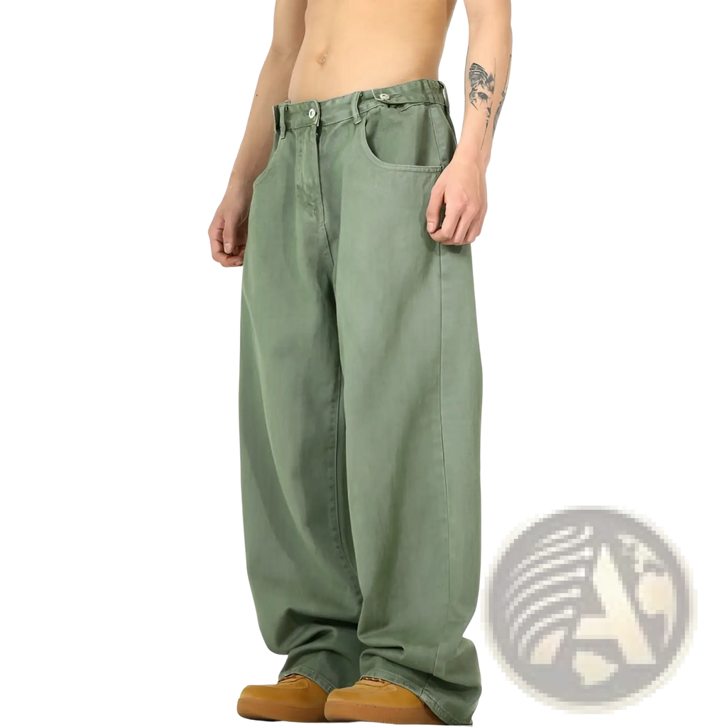 Men’s vintage olive green wide leg high waist relaxed denim jeans made from durable denim fabric