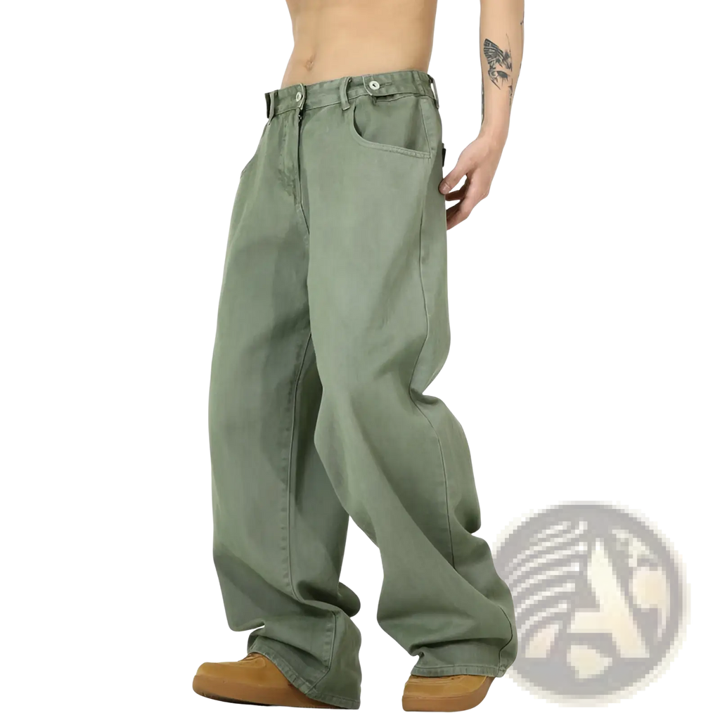 Men’s vintage olive green wide-leg high waist relaxed denim jeans made of durable denim fabric