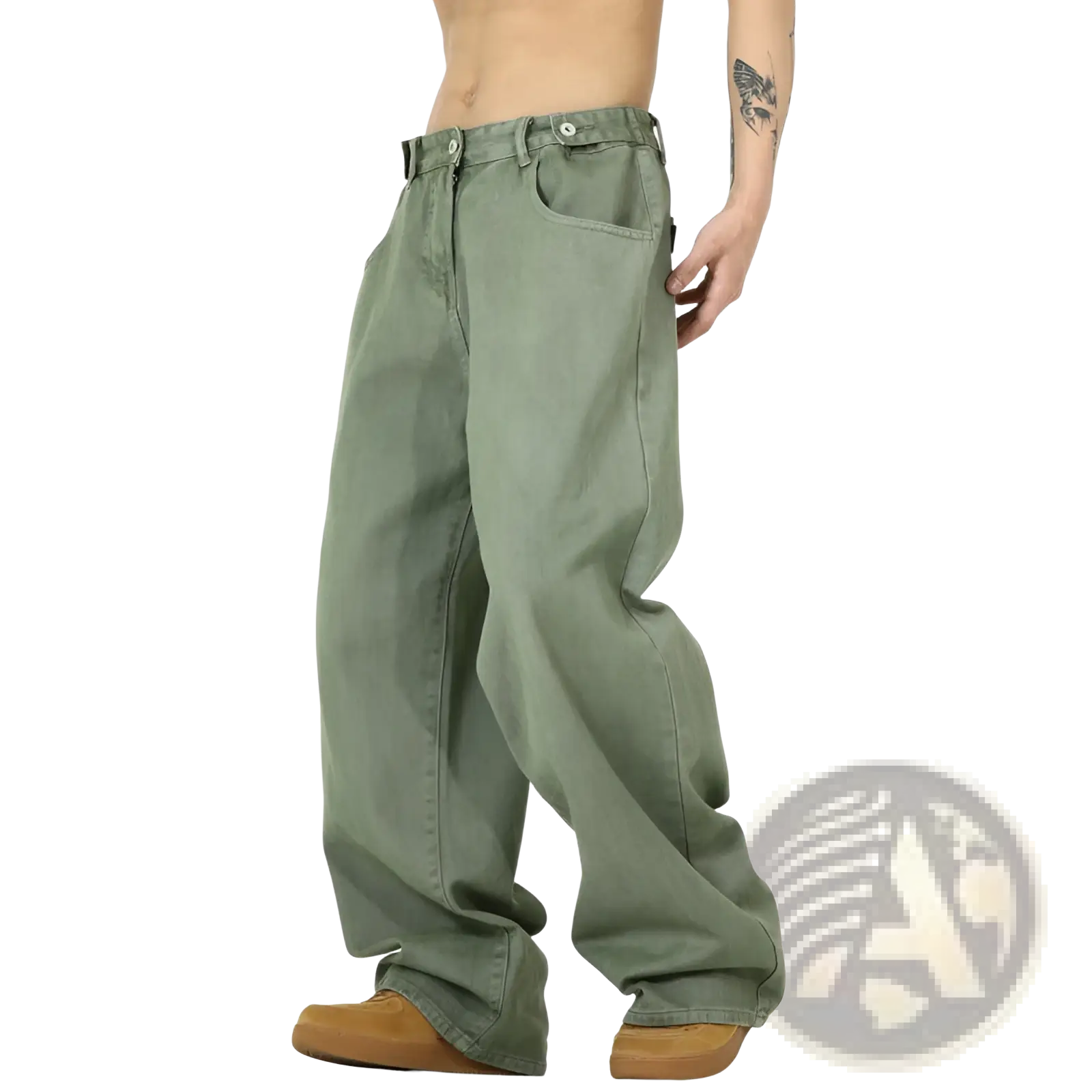 Men’s vintage olive green wide-leg high waist relaxed denim jeans made of durable denim fabric