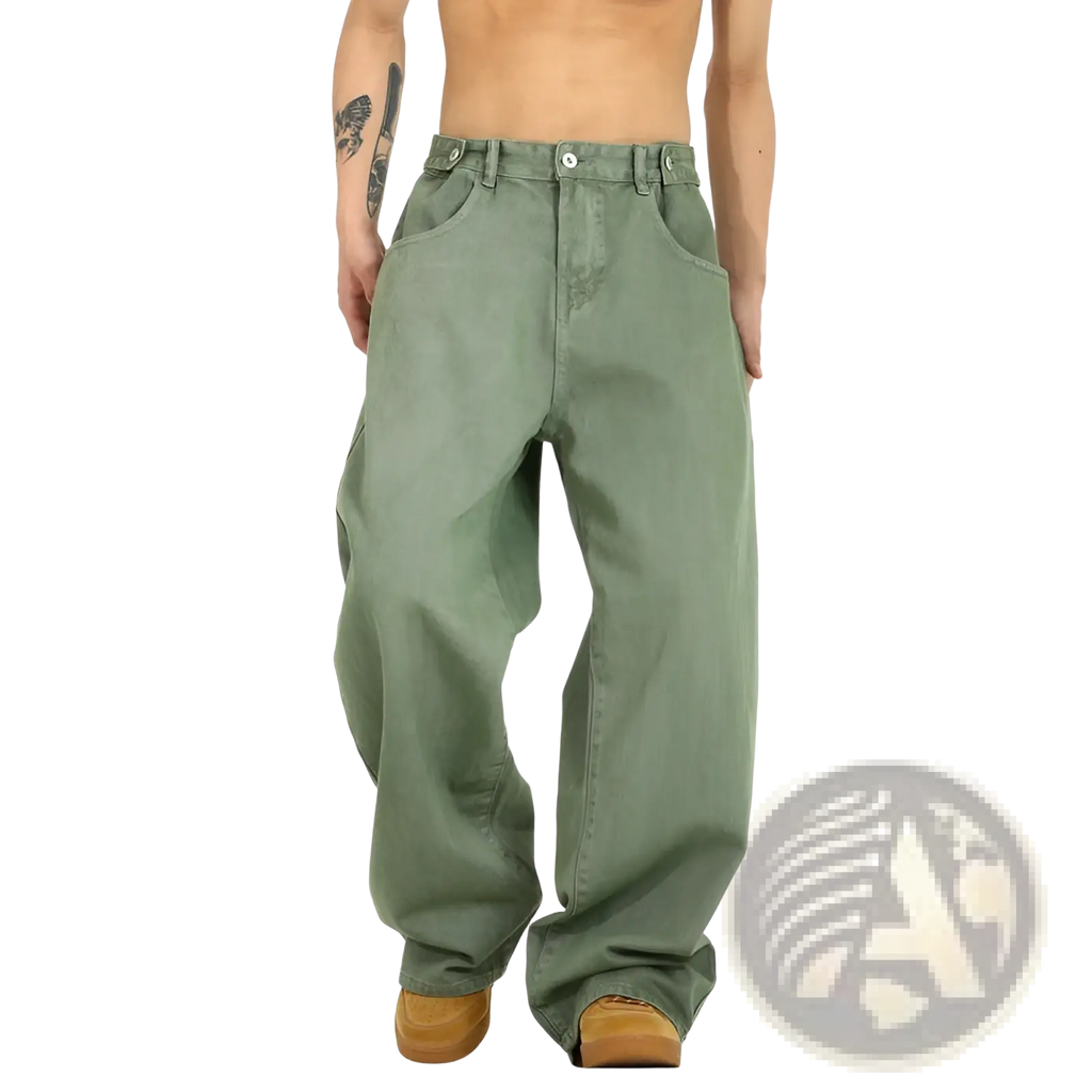 Men’s olive green wide-leg high waist relaxed denim jeans made from vintage denim material