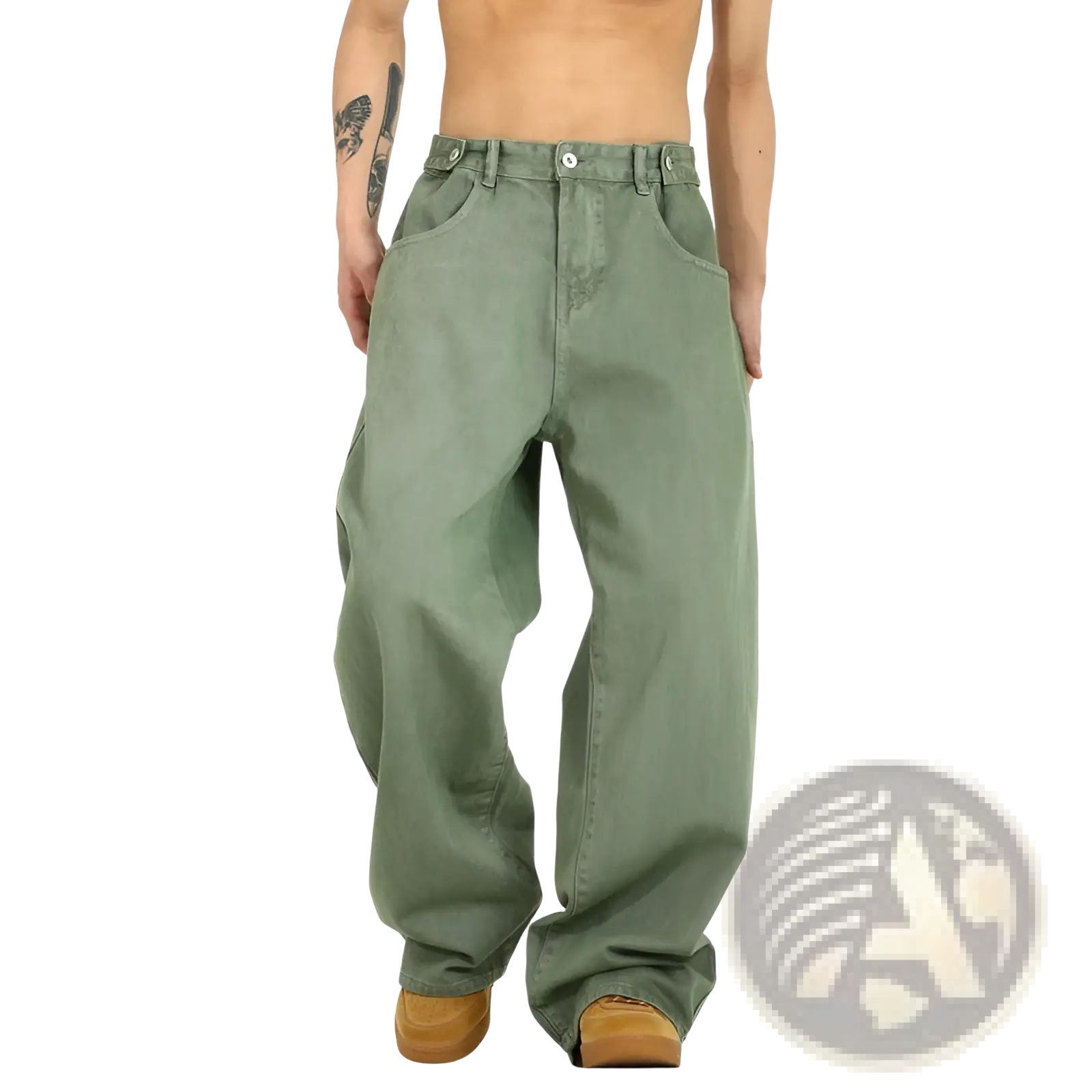 Men’s olive green wide-leg high waist relaxed denim jeans made from vintage denim material