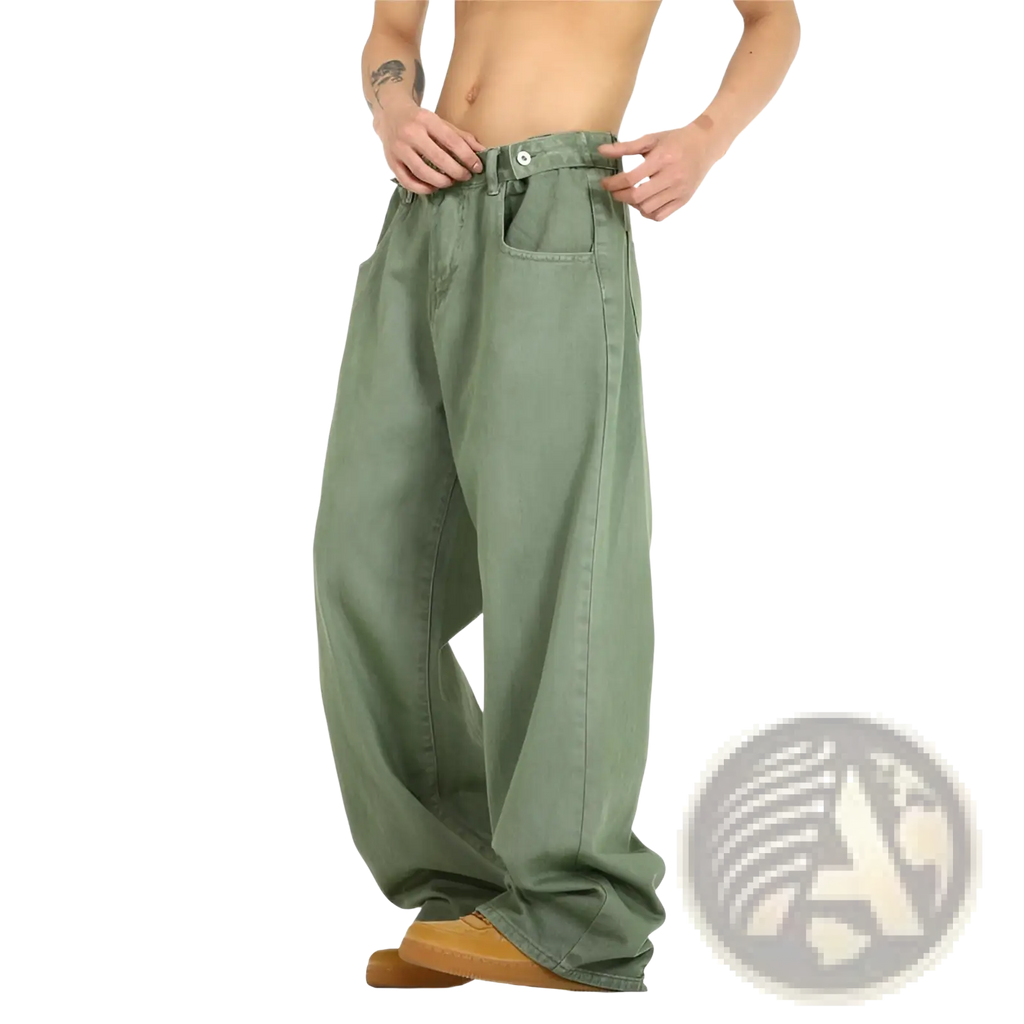 Men’s vintage olive green wide leg high waist relaxed denim jeans with a loose fit and classic front pockets