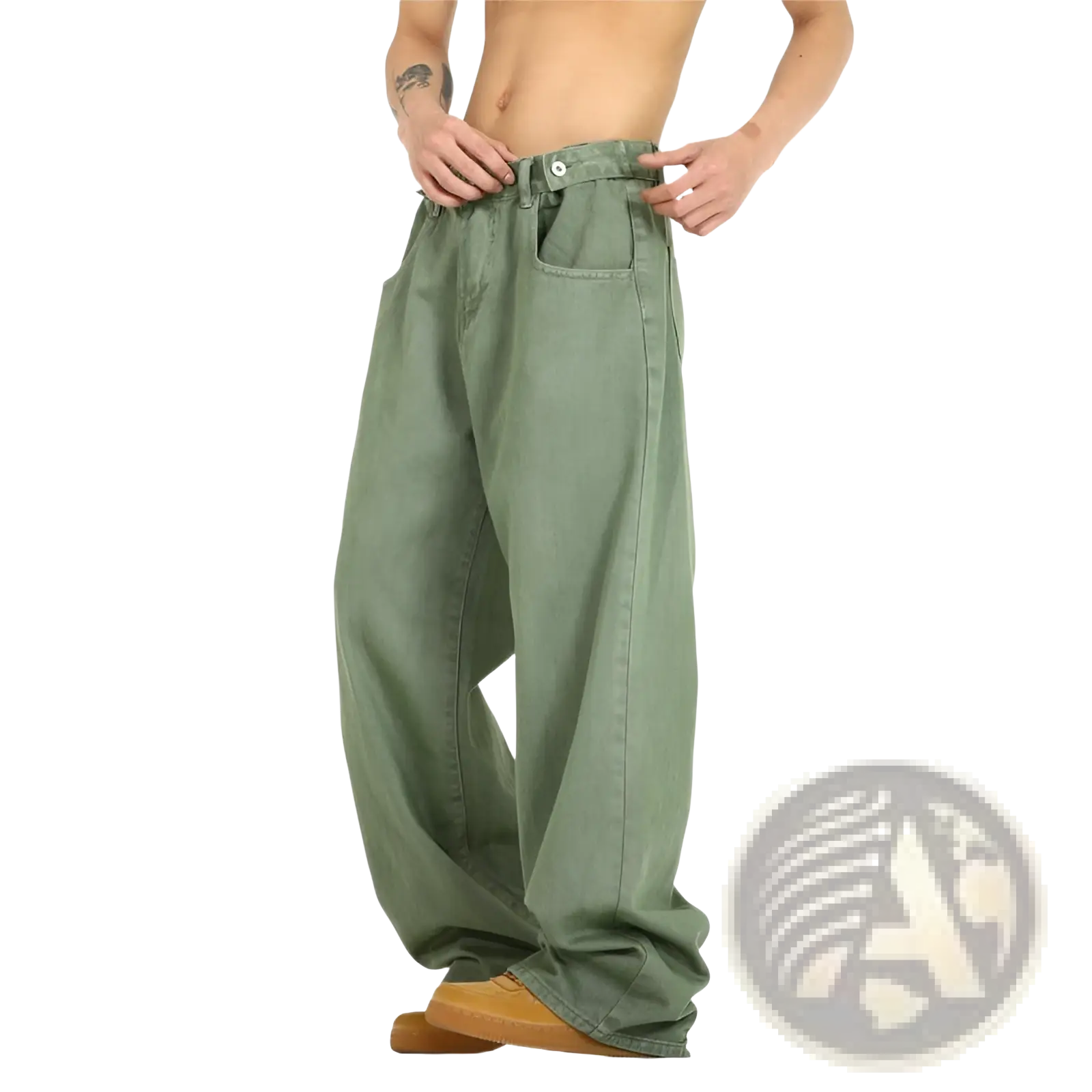 Men’s vintage olive green wide leg high waist relaxed denim jeans with a loose fit and classic front pockets