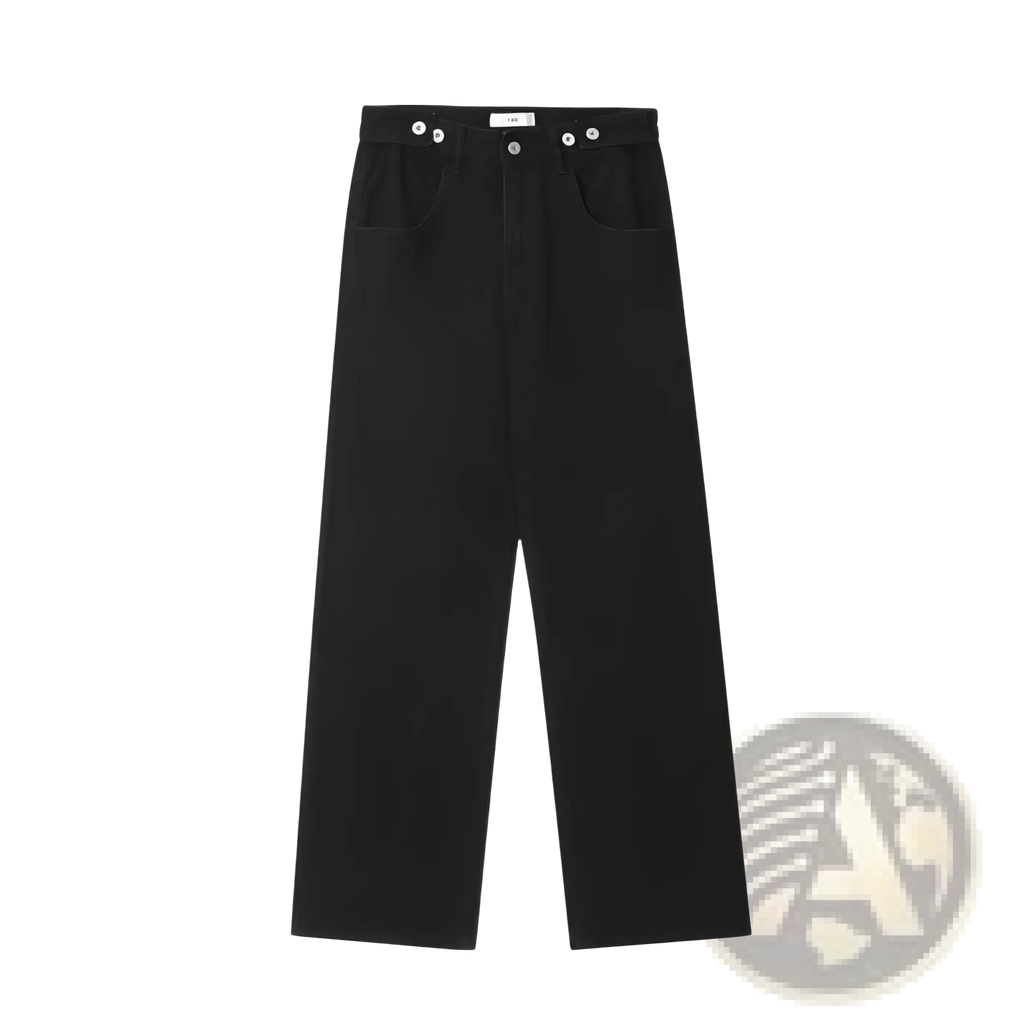 Men’s vintage wide leg high waist relaxed black denim jeans with straight cut and white button details at waistband and pockets