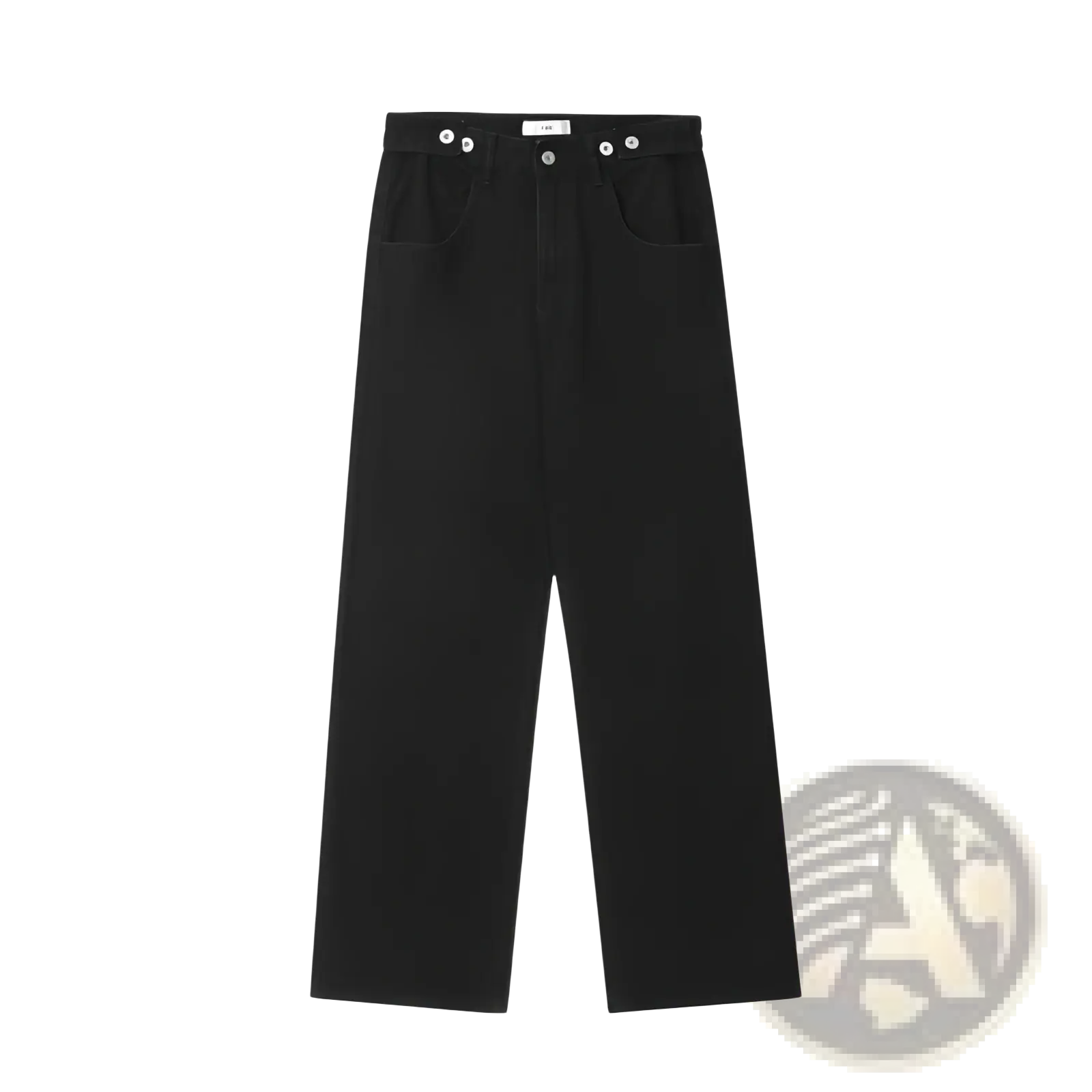 Men’s vintage wide leg high waist relaxed black denim jeans with straight cut and white button details at waistband and pockets