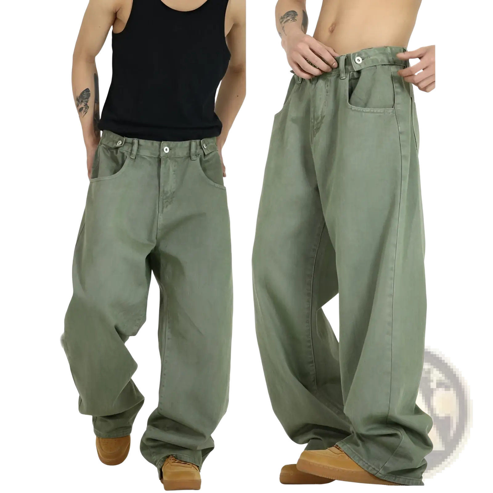 Men’s vintage olive green wide leg high waist relaxed denim jeans with a classic five pocket design