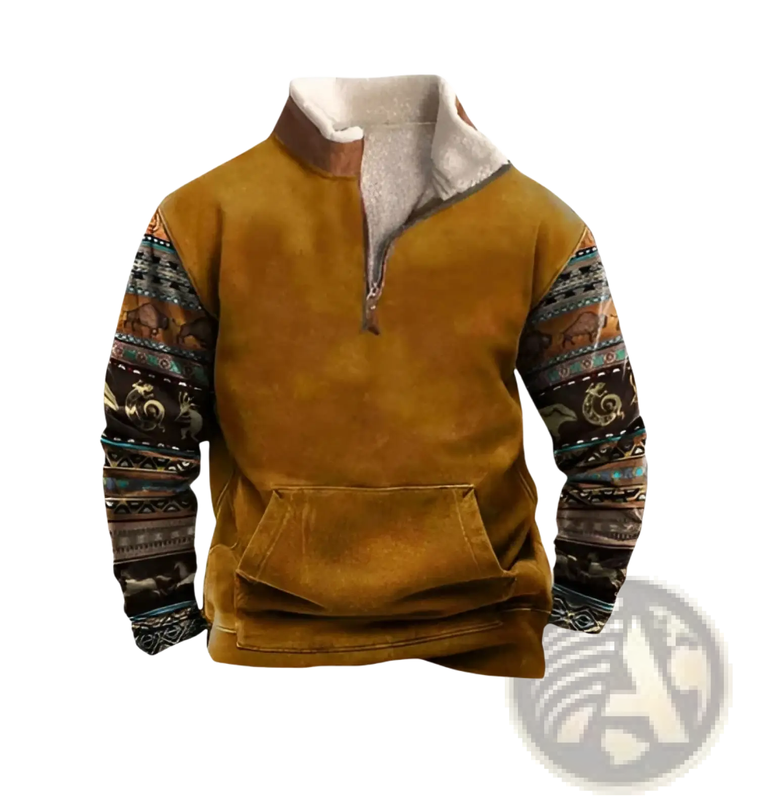 Men’s vintage yellow mustard suede quarter zip jacket with white fleece lining and tribal patterned sleeves in earthy tones