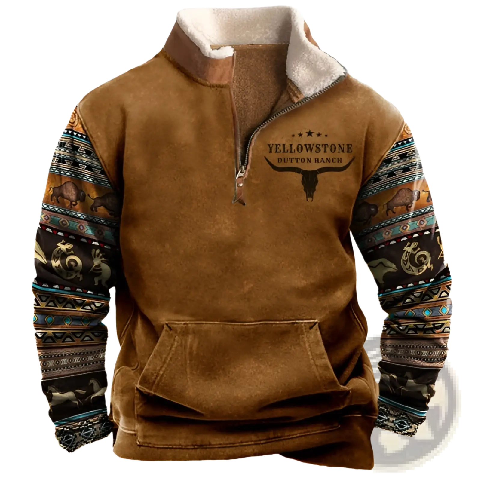 Men’s vintage yellowstone tribal print brown suede-like quarter zip fleece jacket with plush white interior and tribal sleeves