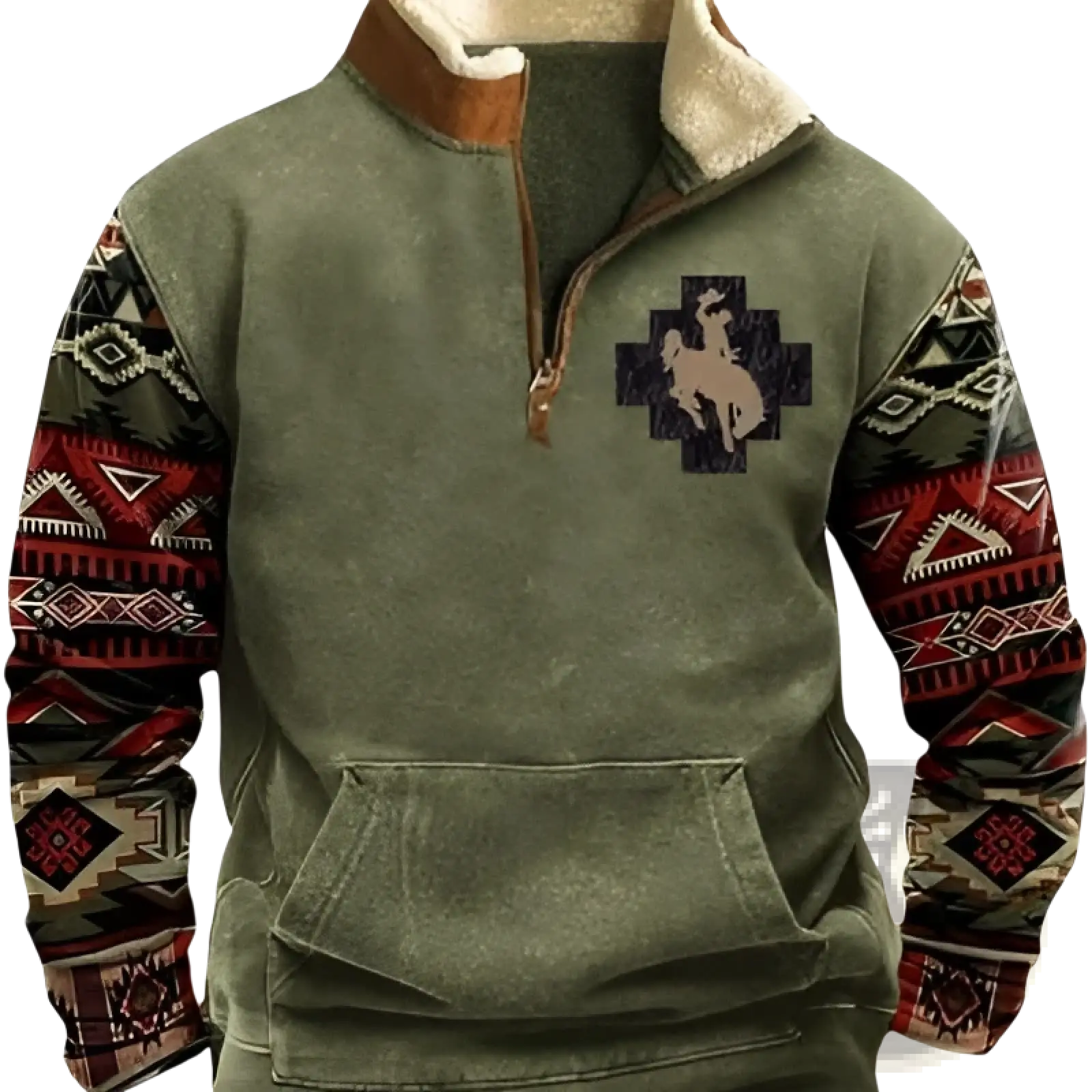 Men’s vintage Yellowstone tribal print olive green fleece pullover with brown shearling collar and geometric patterned sleeves
