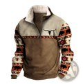 Men’s vintage Yellowstone tribal print fleece quarter zip jacket in beige and brown with shearling collar and embroidered longhorns