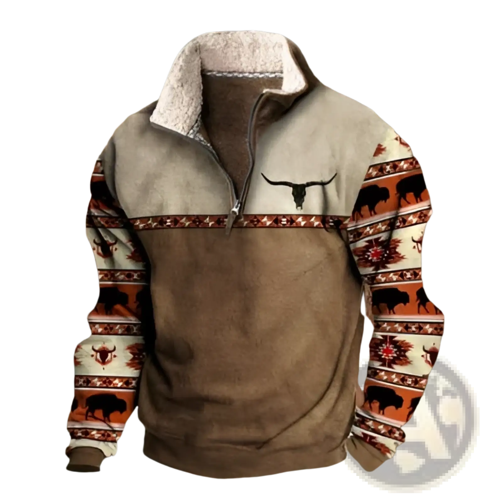 Men’s vintage Yellowstone tribal print fleece quarter zip jacket in beige and brown with shearling collar and embroidered longhorns