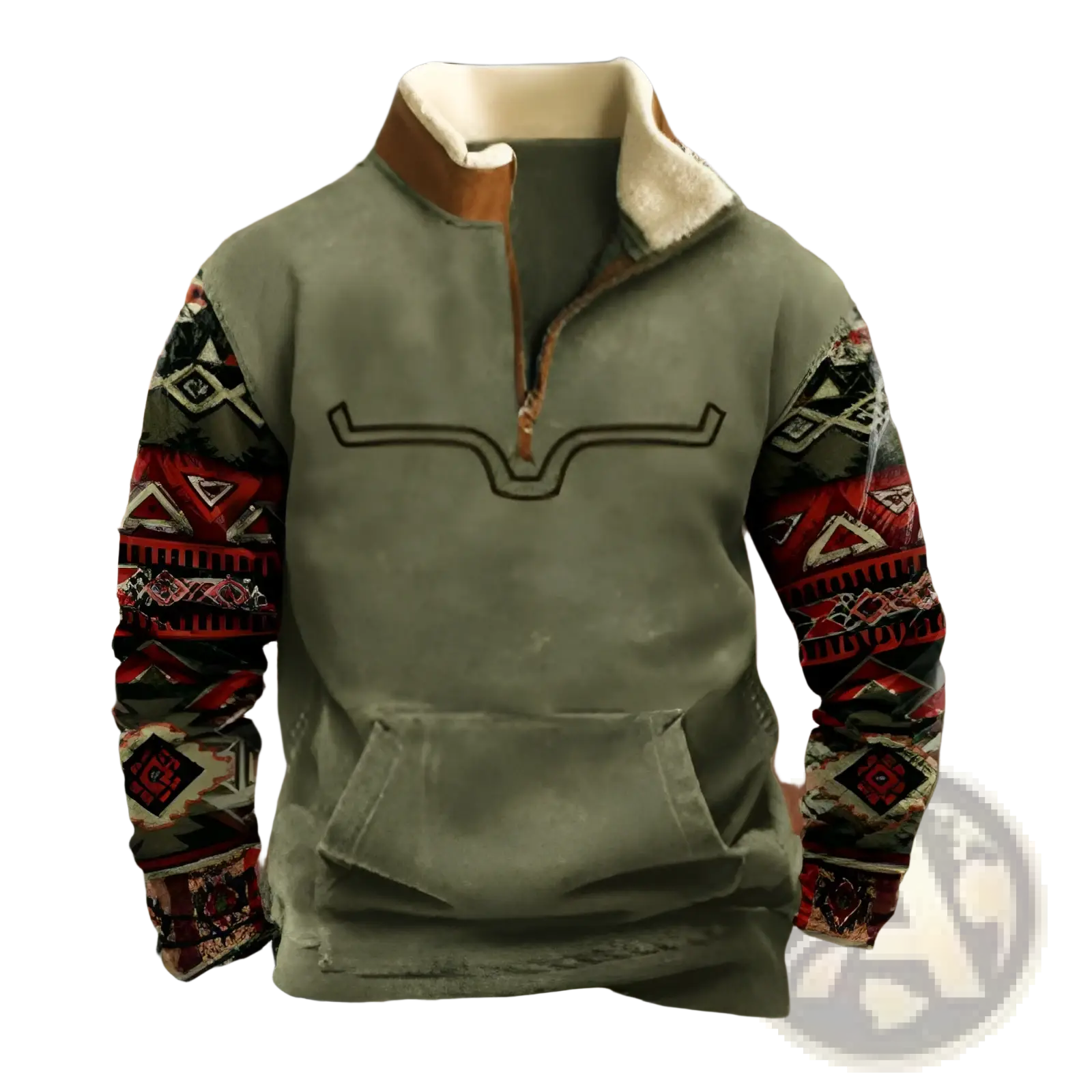 Men’s vintage Yellowstone fleece quarter zip jacket with olive green shearling collar and red black geometric sleeves
