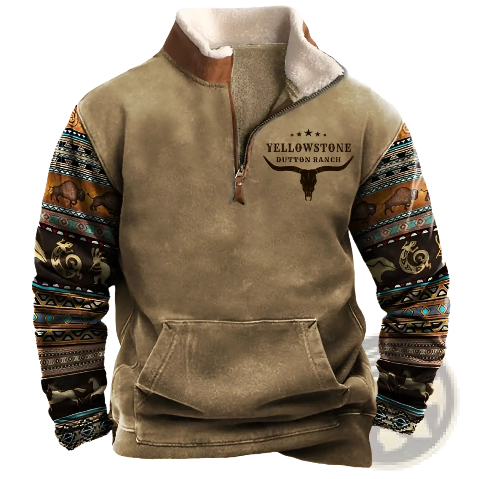 Men’s vintage Yellowstone tribal print tan fleece pullover with half-zip collar and embroidered Dutton Ranch logo