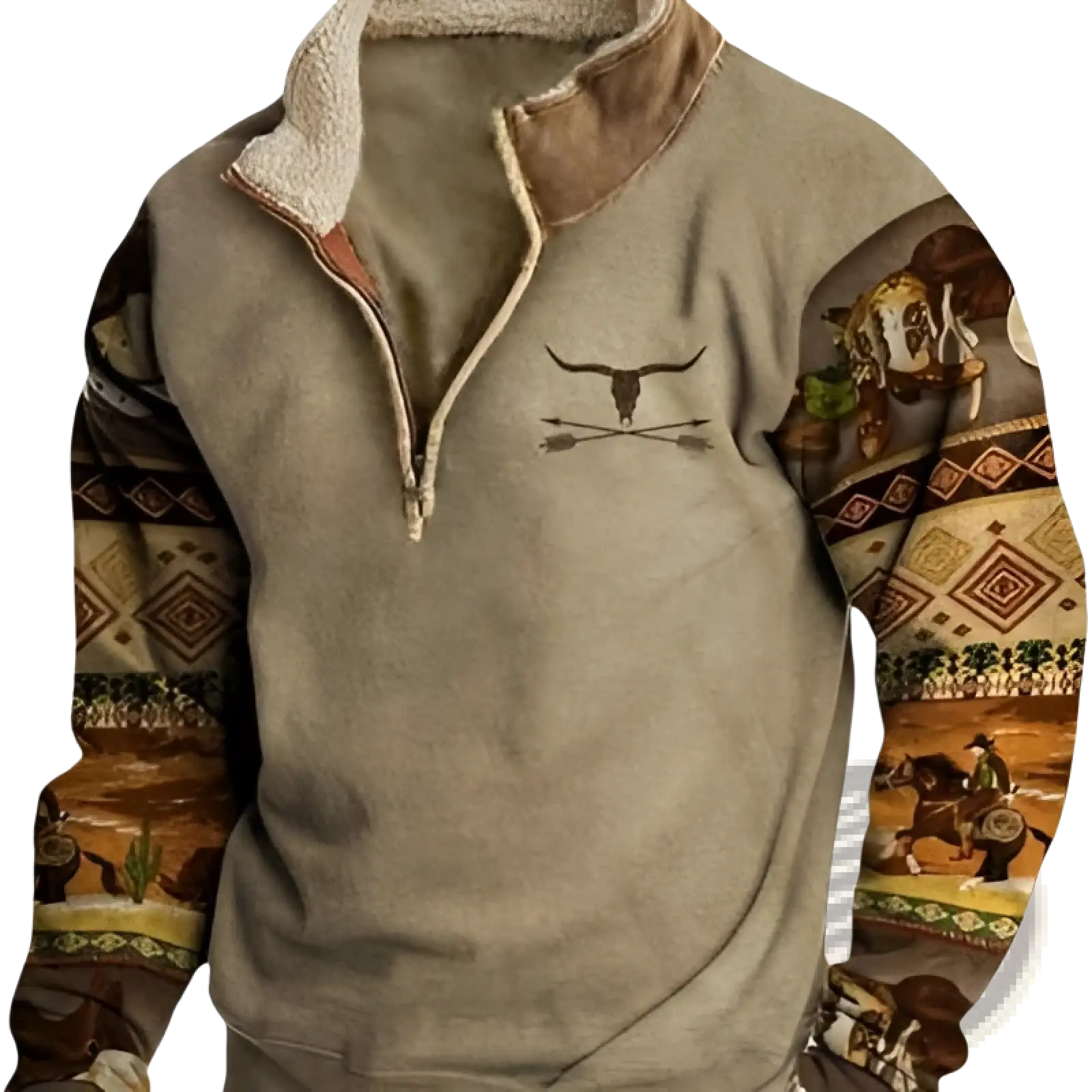 Men’s vintage yellowstone tribal print tan fleece pullover with quilted collar and southwestern longhorn sleeve graphics