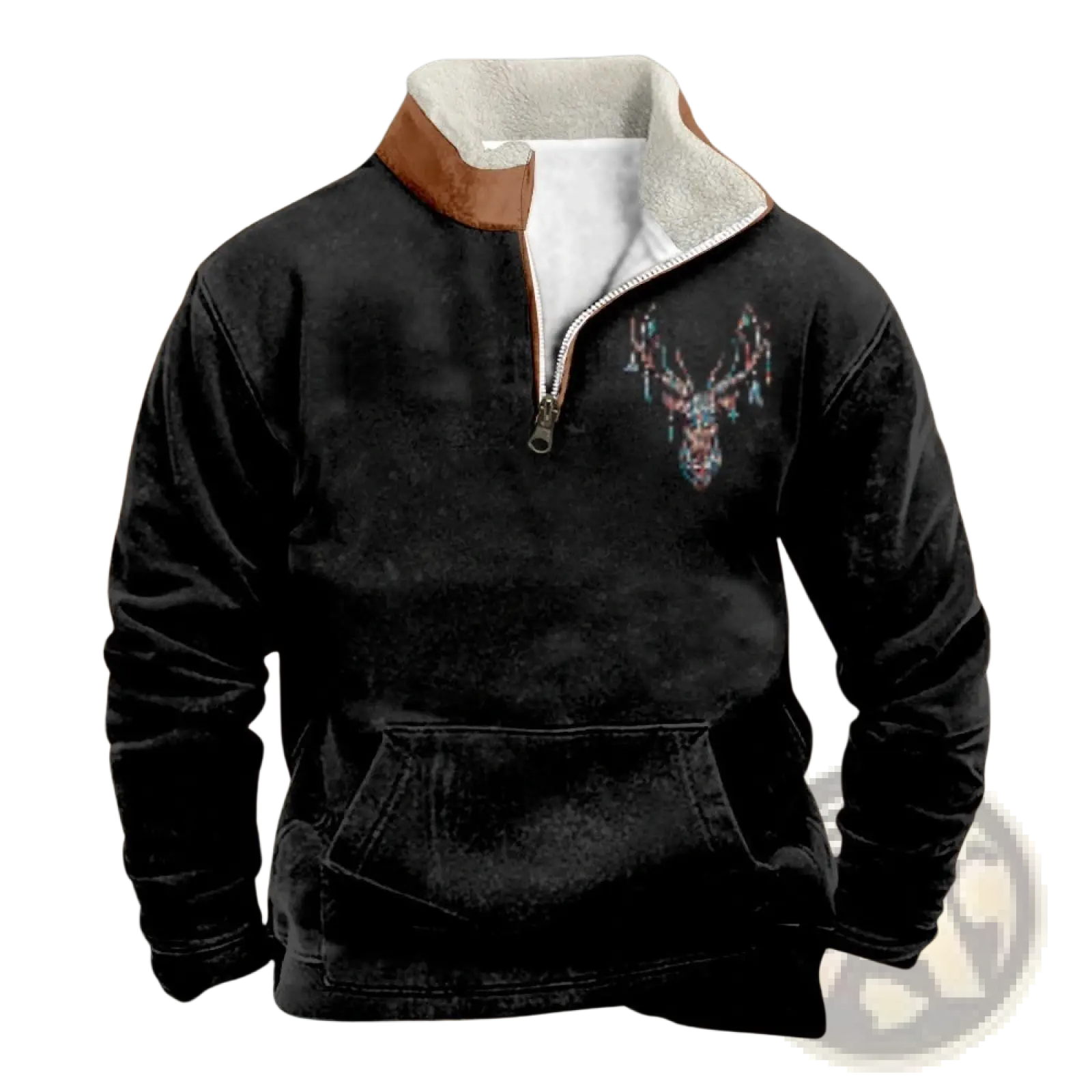 Men’s vintage yellowstone tribal print black fleece quarter zip jacket with brown white shearling collar and teal pink deer head embroidery