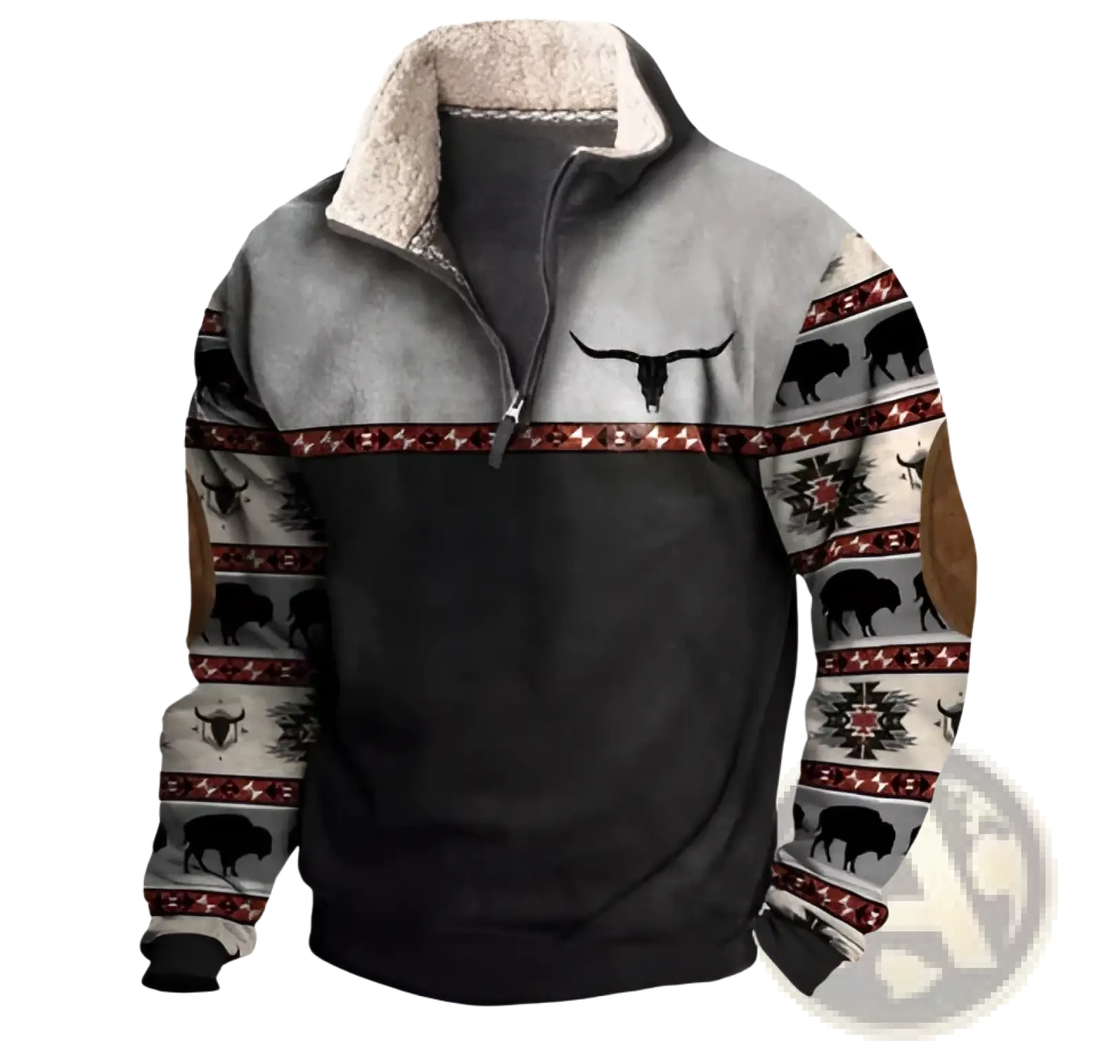 Men’s vintage Yellowstone tribal print fleece quarter zip jacket in gray and black with buffalo motifs on sleeves