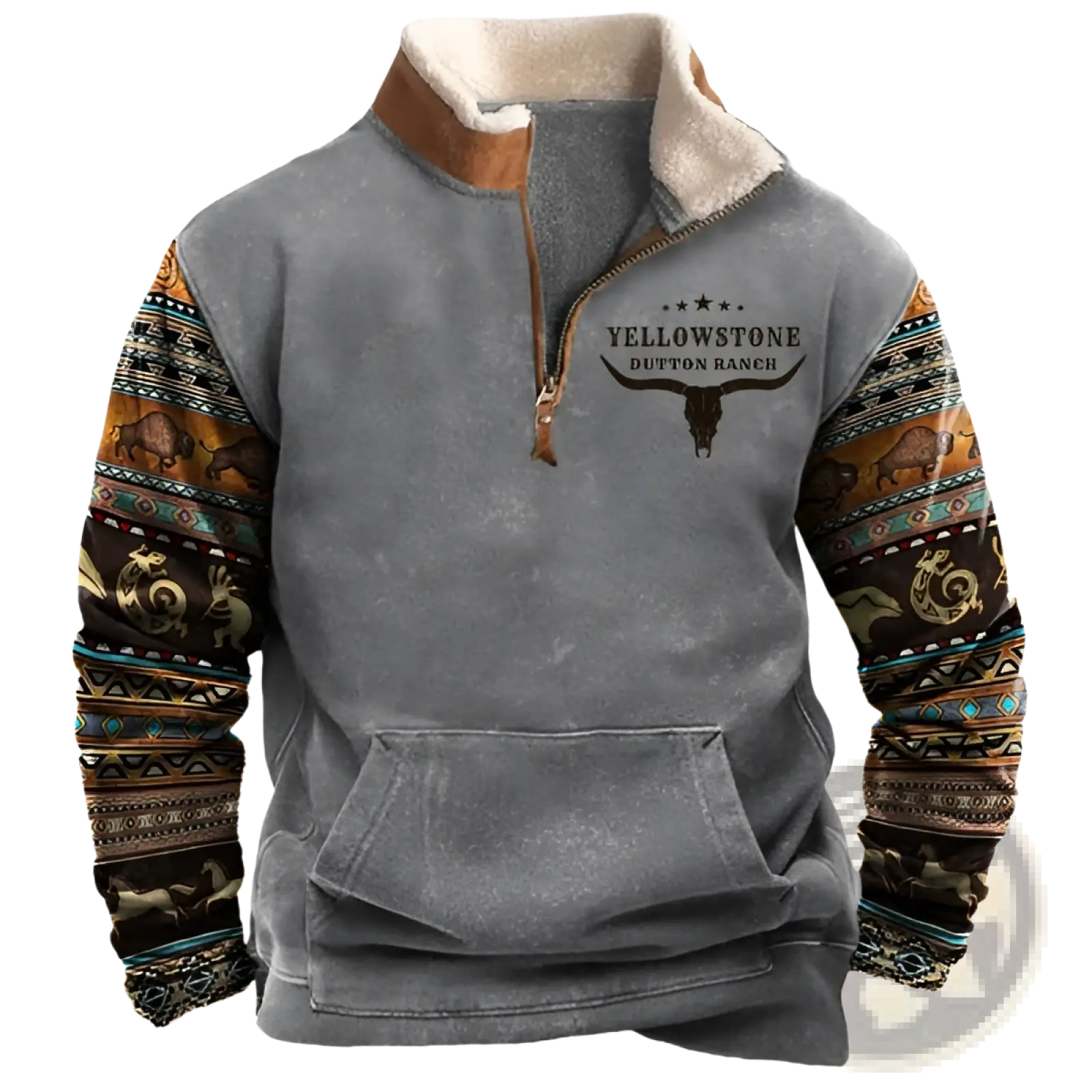 Men’s vintage Yellowstone tribal print gray fleece quarter zip jacket with sherpa collar and earth-toned tribal wildlife sleeves