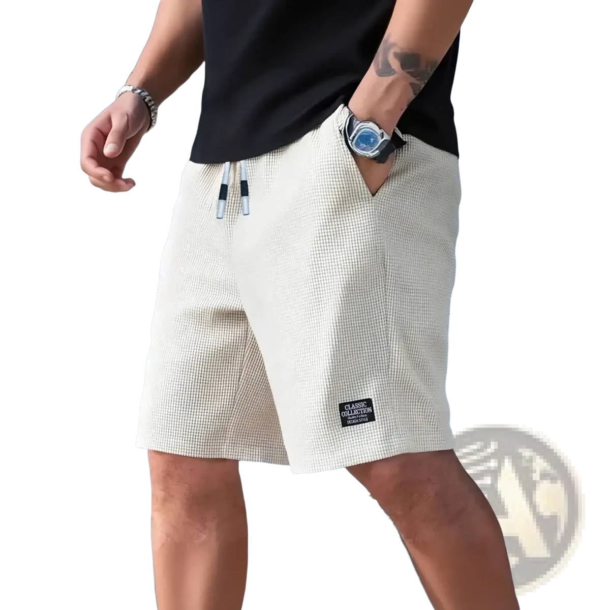Men’s beige waffle knit casual beach shorts with black and white drawstrings and classic collection patch on left leg