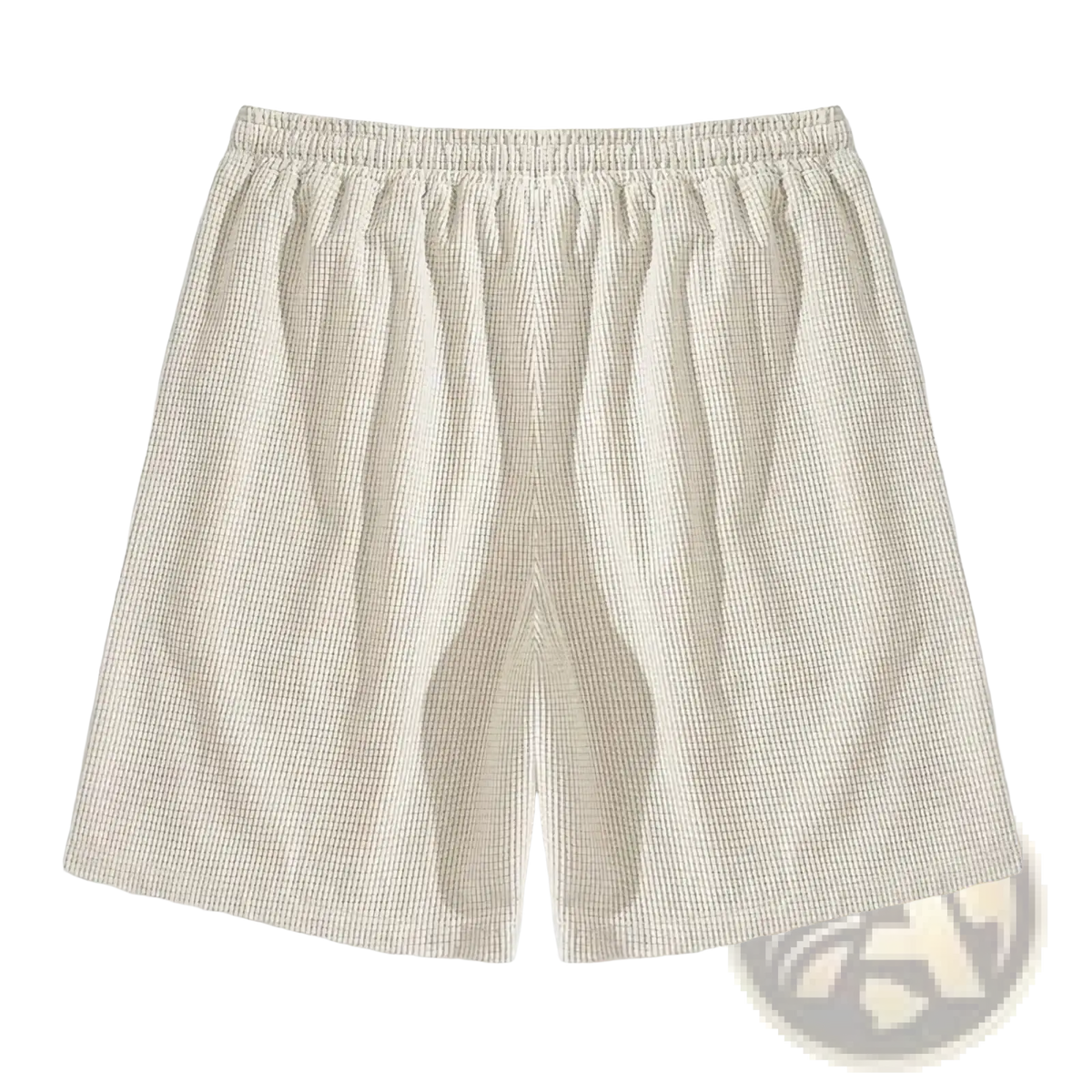 Men’s waffle knit casual beach shorts in beige featuring a waffle texture and elastic waistband for comfort