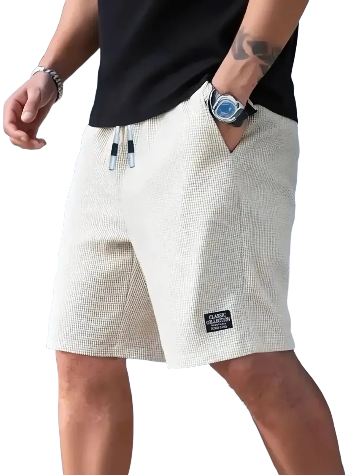 Men’s beige waffle knit casual beach shorts with black and white drawstring and classic collection patch on lower leg
