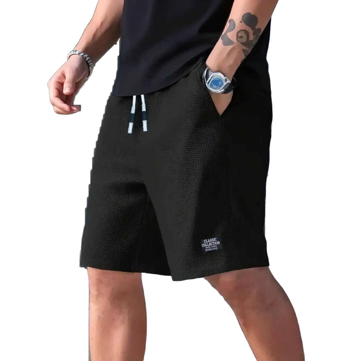 Men’s black waffle knit casual beach shorts with white drawstrings and classic collection patch on the side