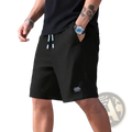 Men’s black waffle knit casual beach shorts with white drawstrings and classic collection label on the lower leg
