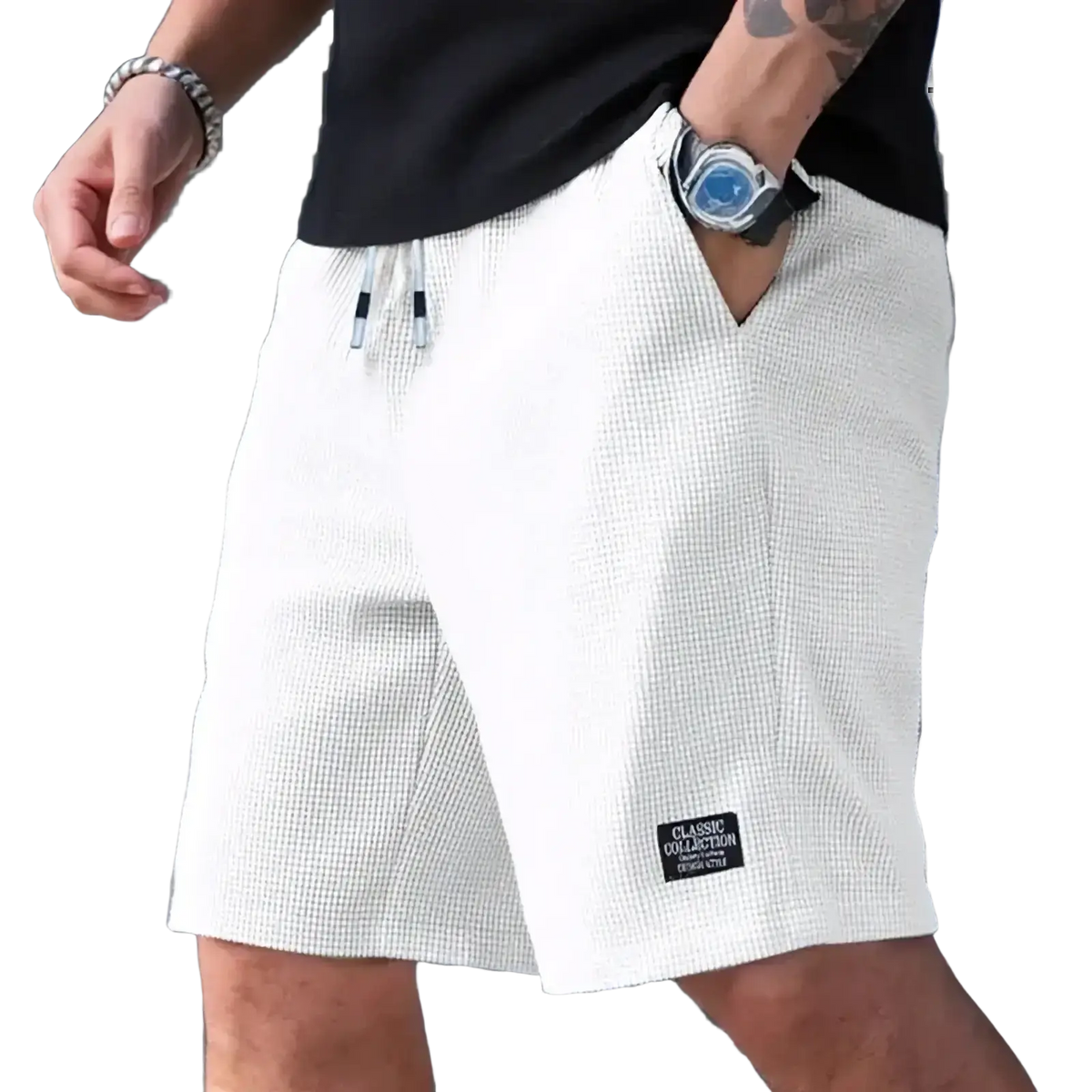 Men’s white waffle knit casual beach shorts with a black label patch on the lower right leg for casual beachwear