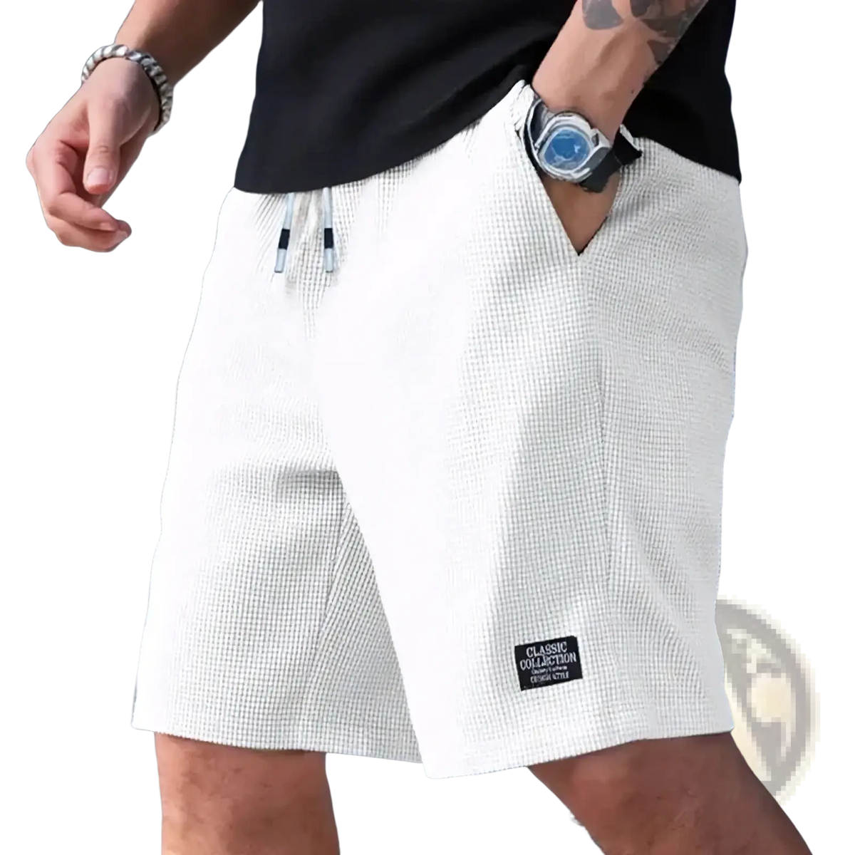 Men’s white waffle knit casual beach shorts with black classic collection label on lower right leg