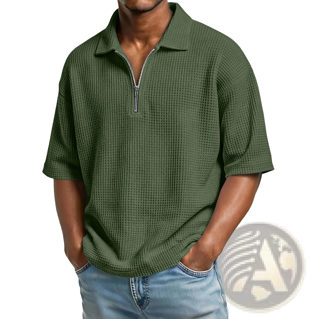 Men’s olive green waffle knit half zip short sleeve polo shirt featuring a textured knit and collar zipper detail