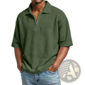 Men’s olive green waffle knit half zip short sleeve polo shirt featuring a textured knit and collar zipper detail
