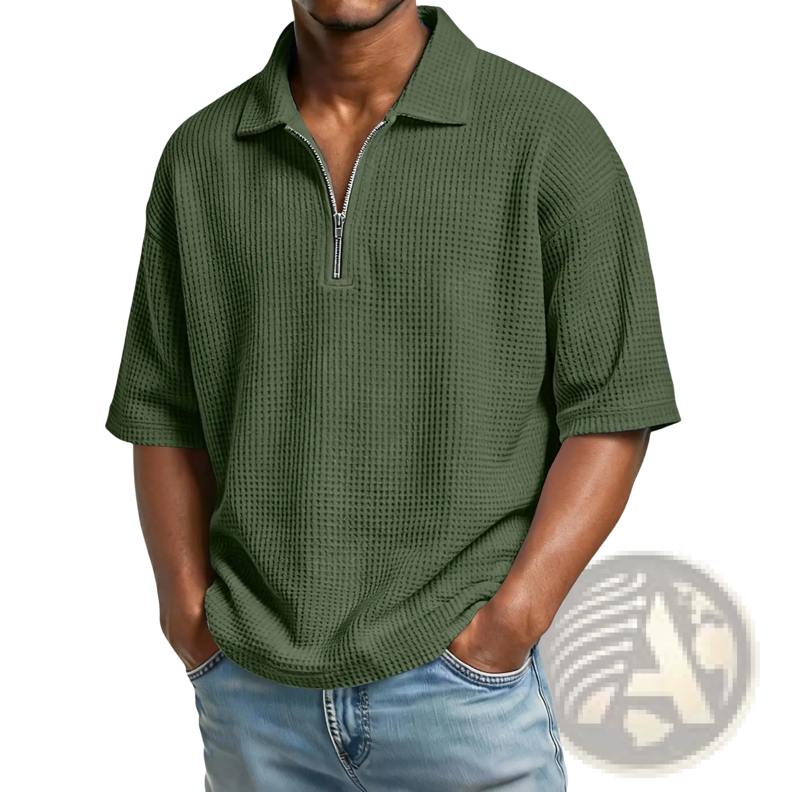 Men’s olive green waffle knit half zip short sleeve polo shirt featuring a textured knit and collar zipper detail