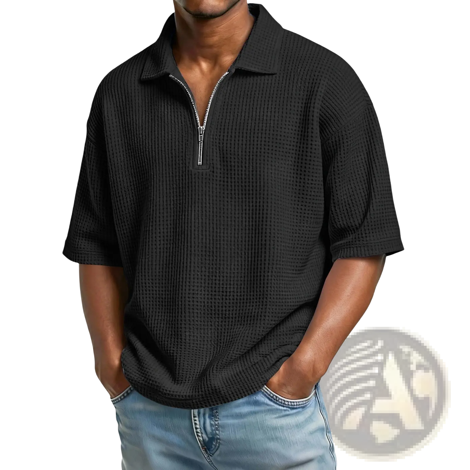 Men’s black waffle knit polo shirt with half zip front and short sleeves made of textured fabric