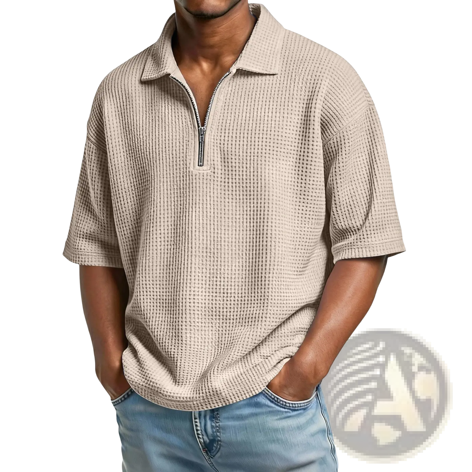 Beige waffle knit half zip short sleeve polo shirt for men made of textured fabric with a front zip closure