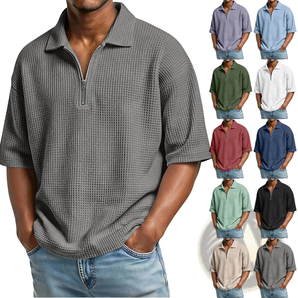 Men’s gray waffle knit half zip short sleeve polo shirt featuring a textured knit fabric and a half-zip collar