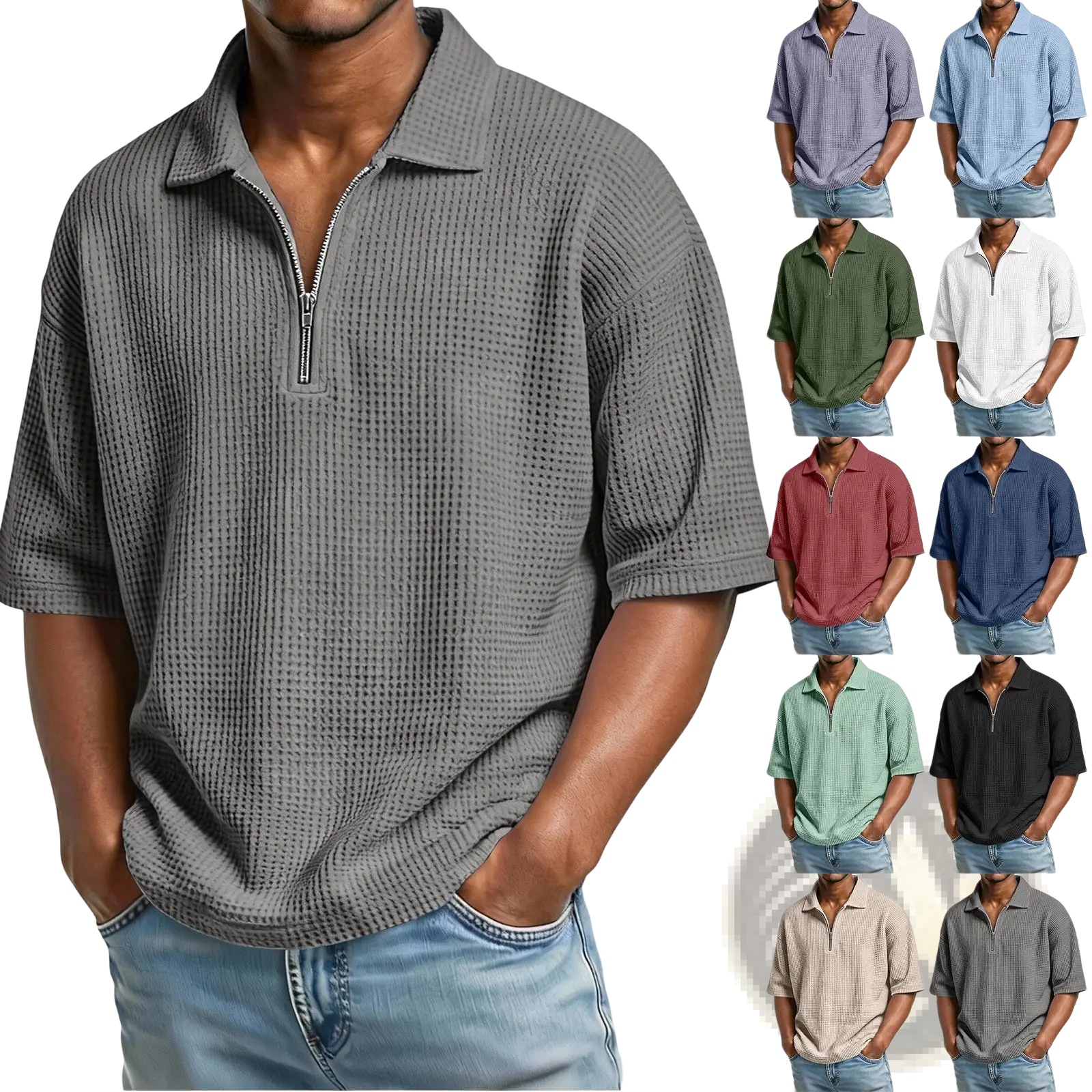Men’s gray waffle knit half zip short sleeve polo shirt featuring a textured knit fabric and a half-zip collar