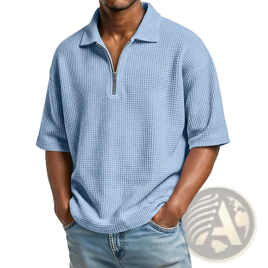 Light blue waffle knit half zip short sleeve polo shirt for men featuring a textured fabric and casual style