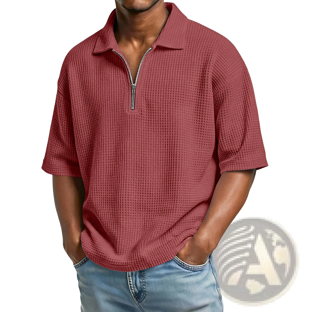 A maroon waffle knit half zip short sleeve polo shirt for men made from textured fabric suitable for casual wear