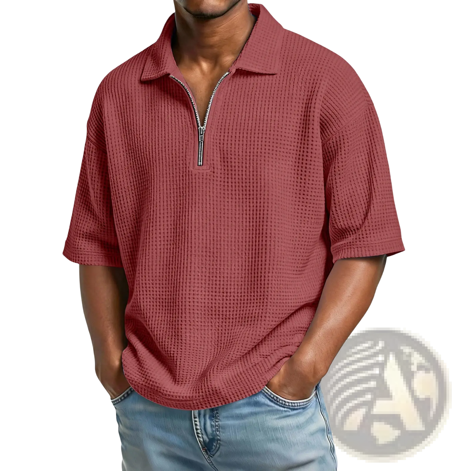 A maroon waffle knit half zip short sleeve polo shirt for men made from textured fabric suitable for casual wear