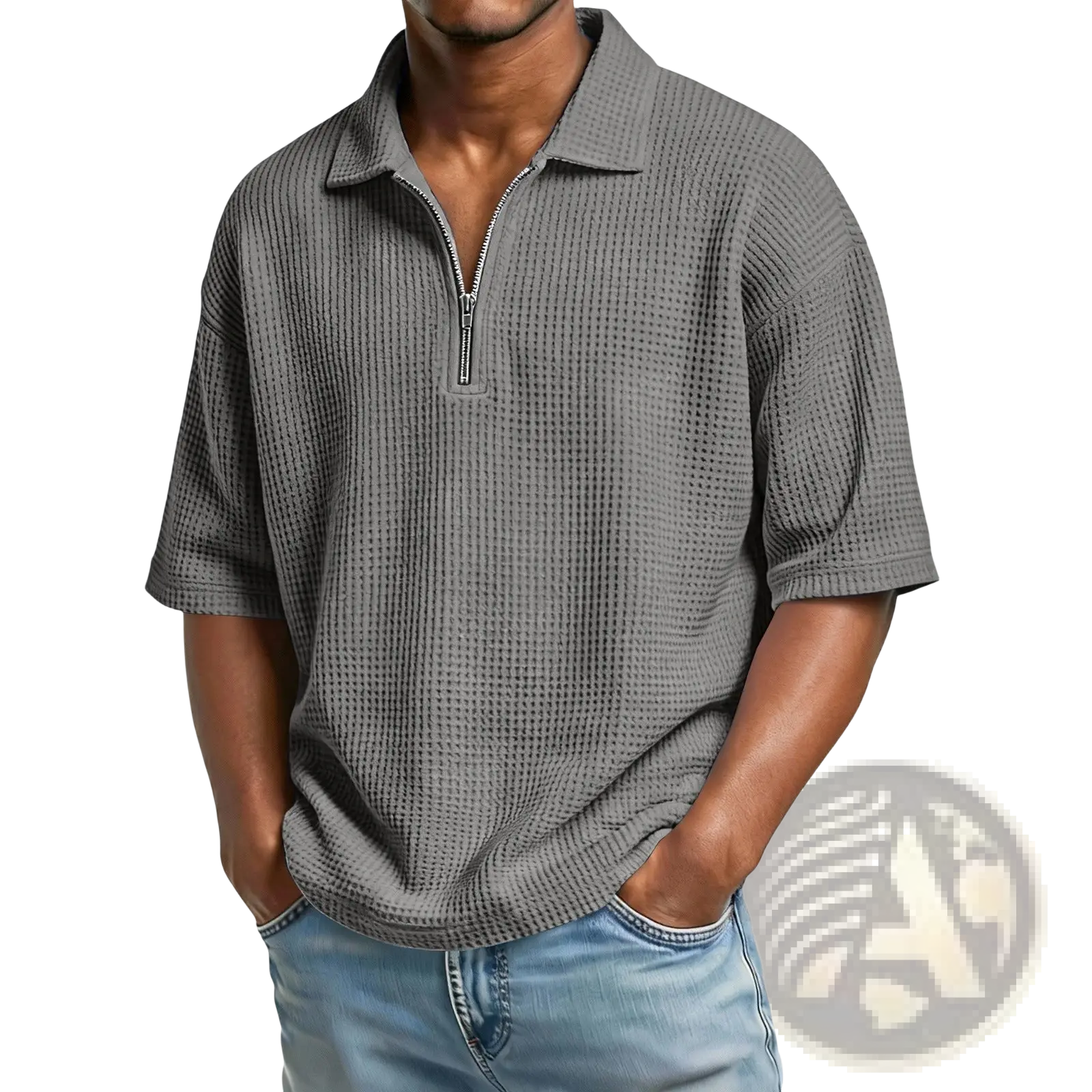 Gray waffle knit half zip short sleeve polo shirt for men featuring a textured knit and casual style