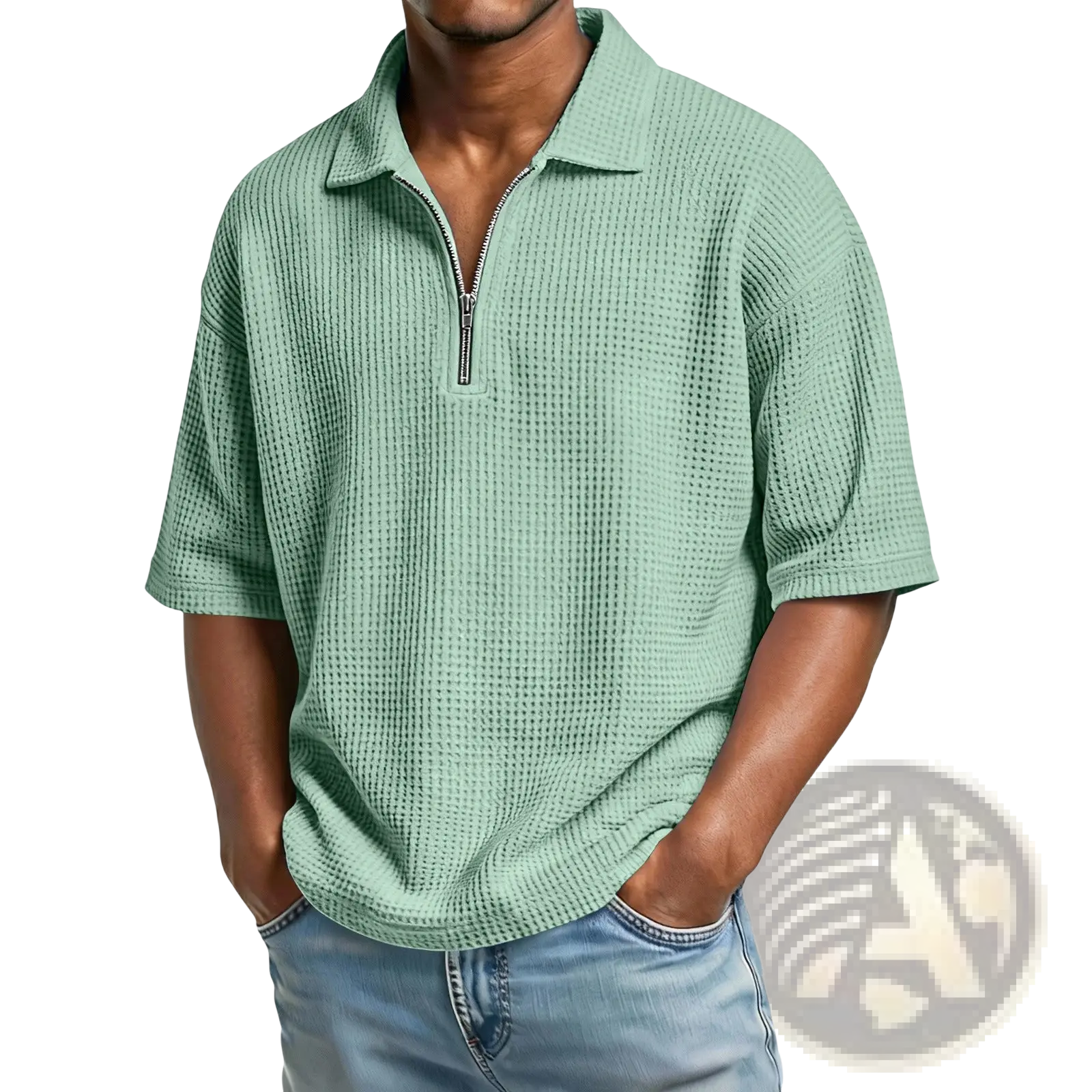 Men’s light green waffle knit half zip short sleeve polo shirt with a half-zip front and casual fit