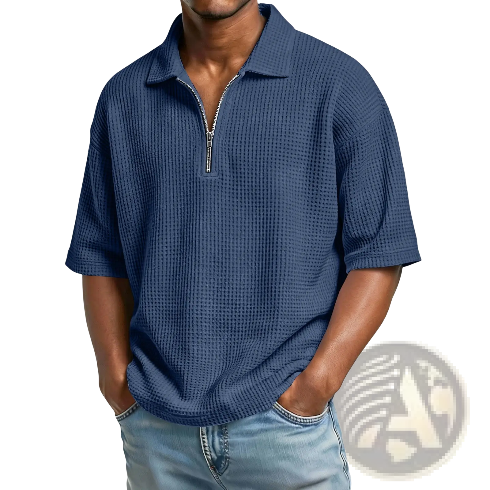Navy blue waffle knit half zip short sleeve polo shirt for men featuring breathable fabric and casual design