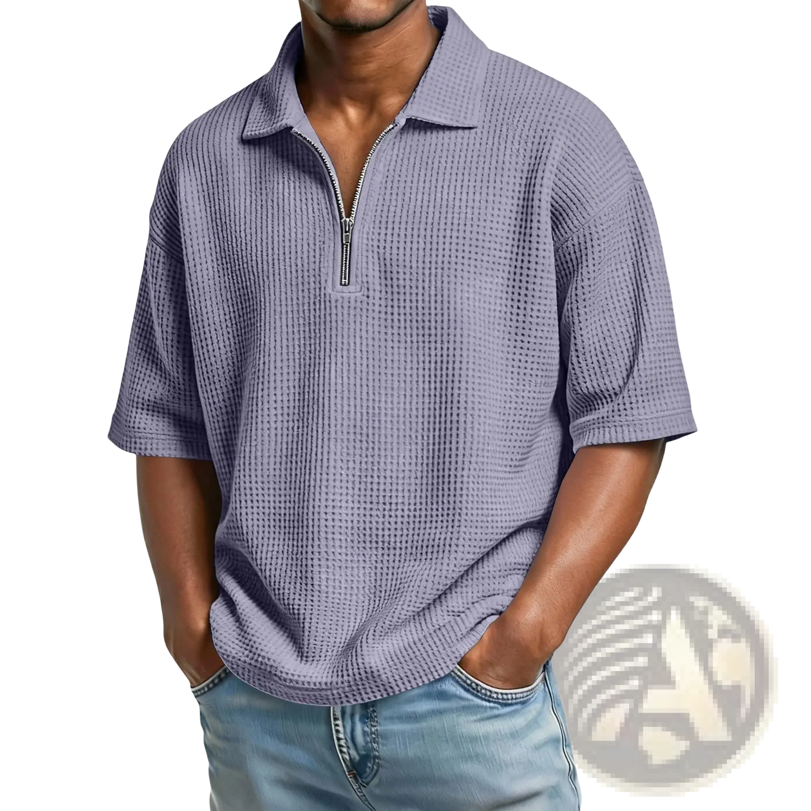 Men’s lavender waffle knit half zip short sleeve polo shirt featuring a textured knit and functional half zipper