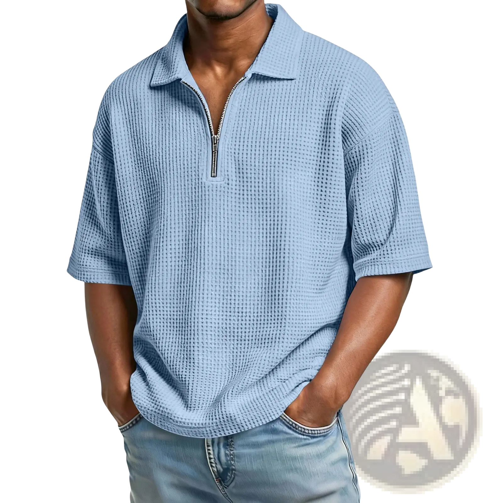 Light blue men’s waffle knit short sleeve polo shirt with half zip front made of textured breathable fabric