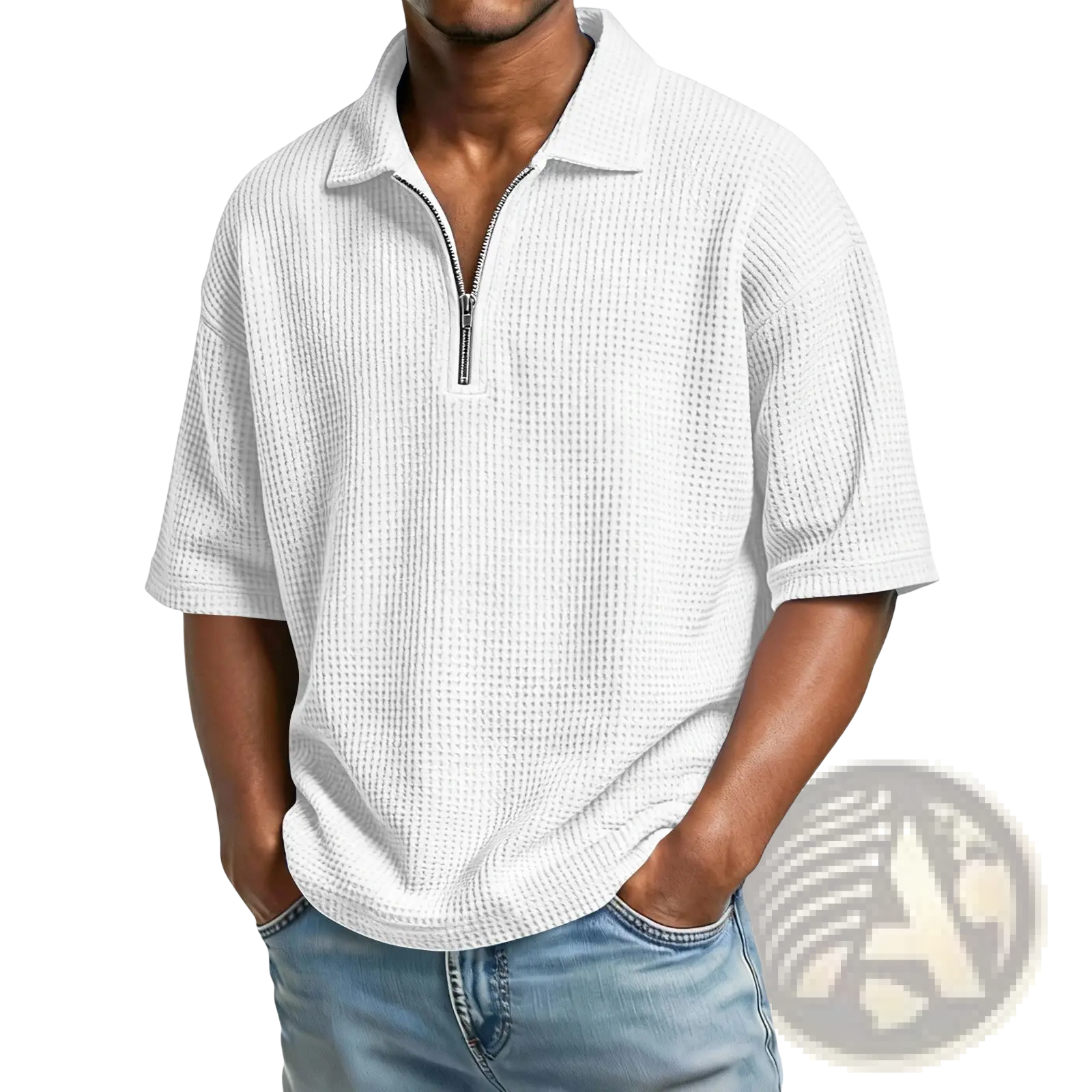 Men’s white waffle knit polo shirt with half zip front and short sleeves in a textured knit fabric