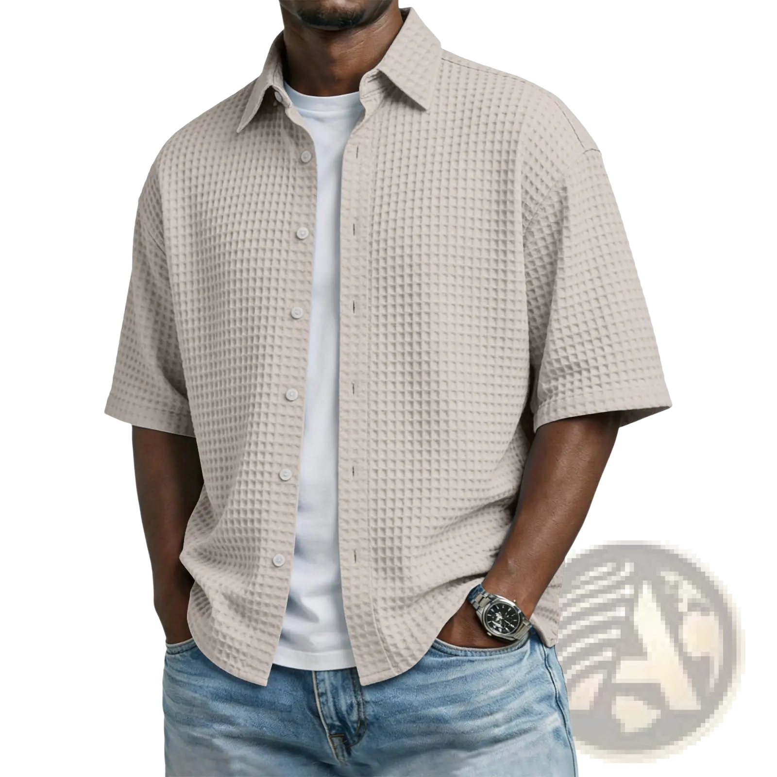 Beige men’s waffle knit short sleeve polo shirt with button-up front made from textured knit fabric