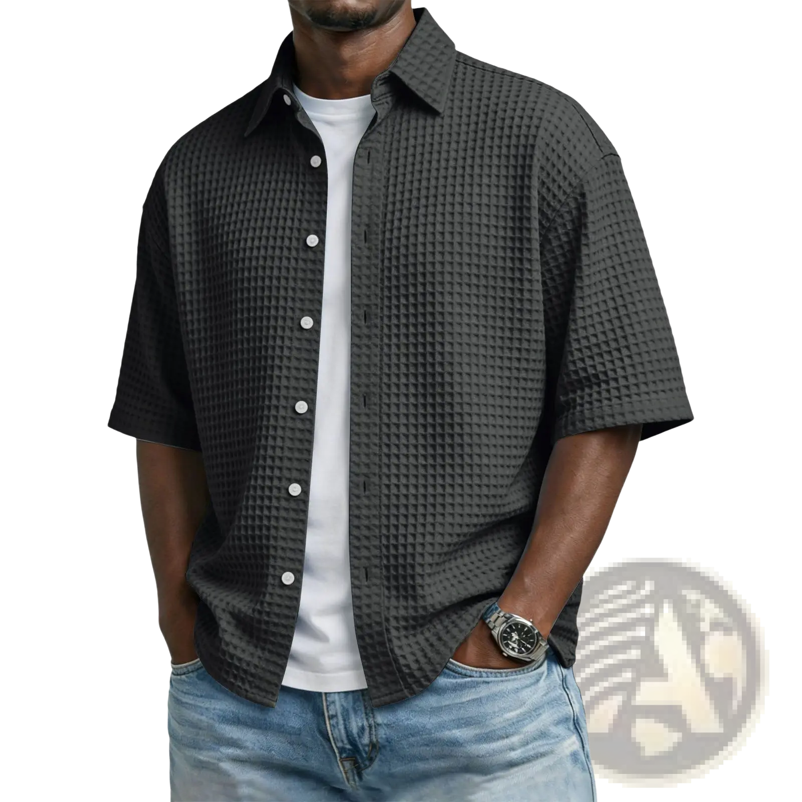 Men’s dark gray waffle knit short sleeve polo shirt with button-up front and white buttons in waffle texture