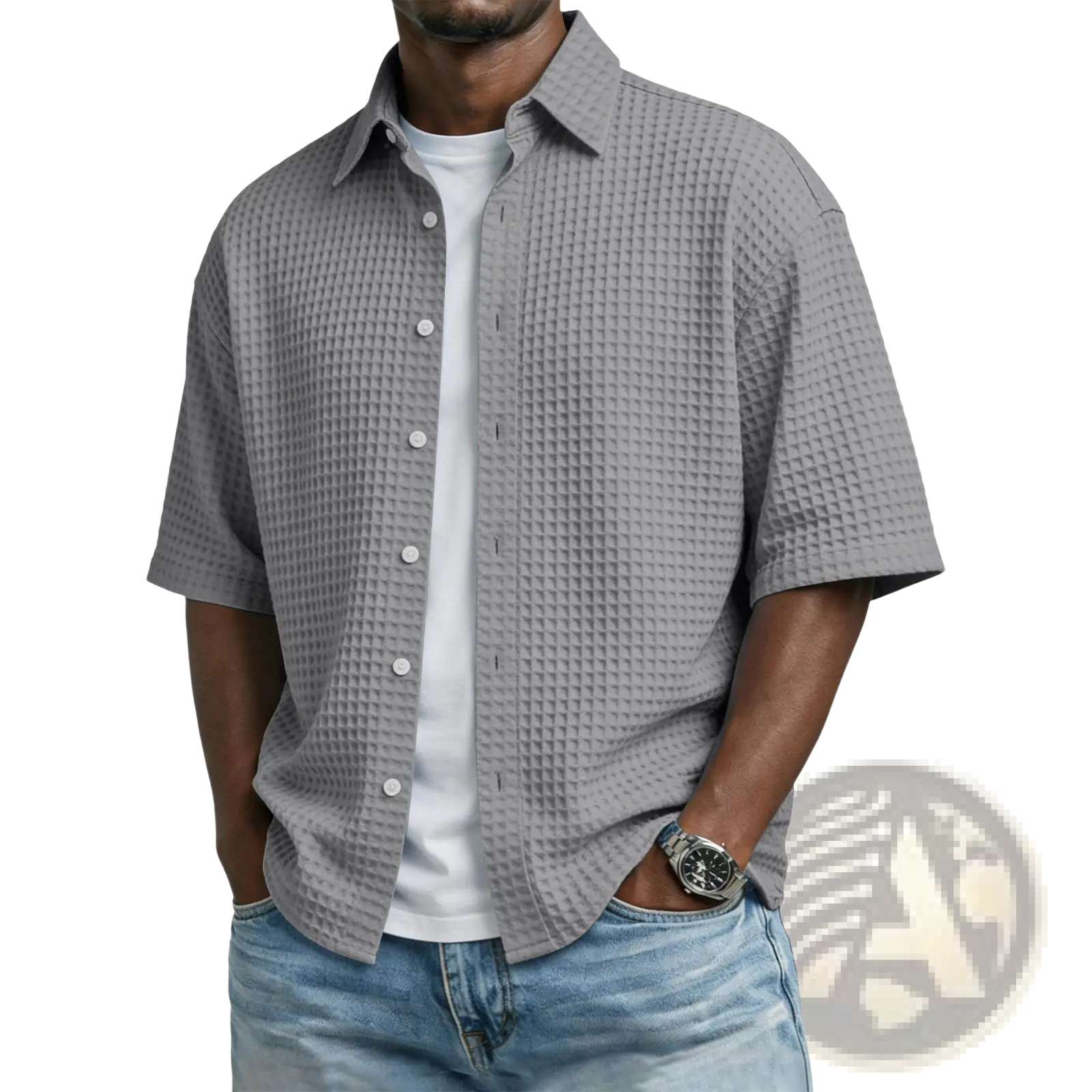 Men’s gray waffle knit short sleeve polo shirt with button-up front and textured fabric for casual wear