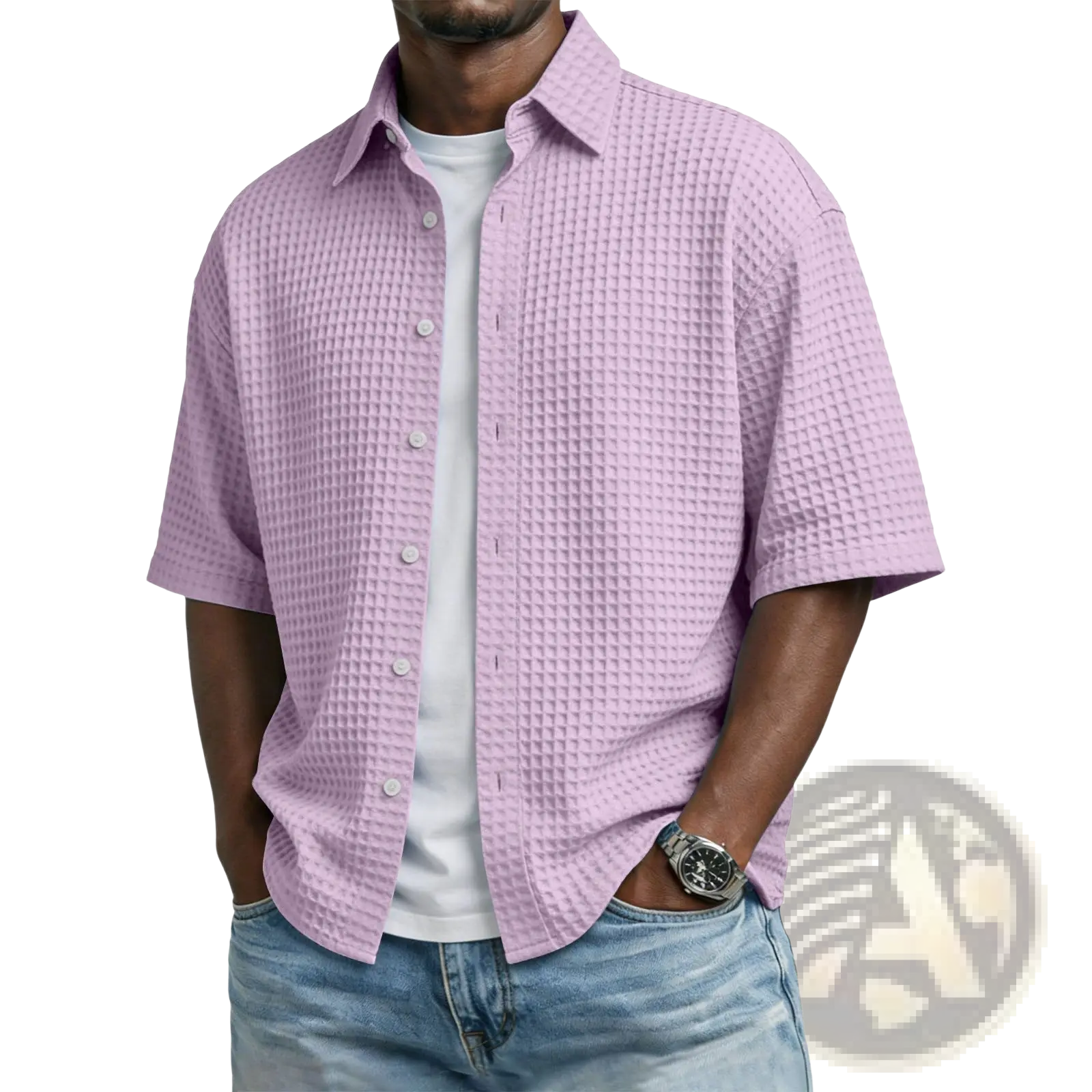 Men’s light purple waffle knit short sleeve polo shirt with classic collar and white buttons in soft fabric
