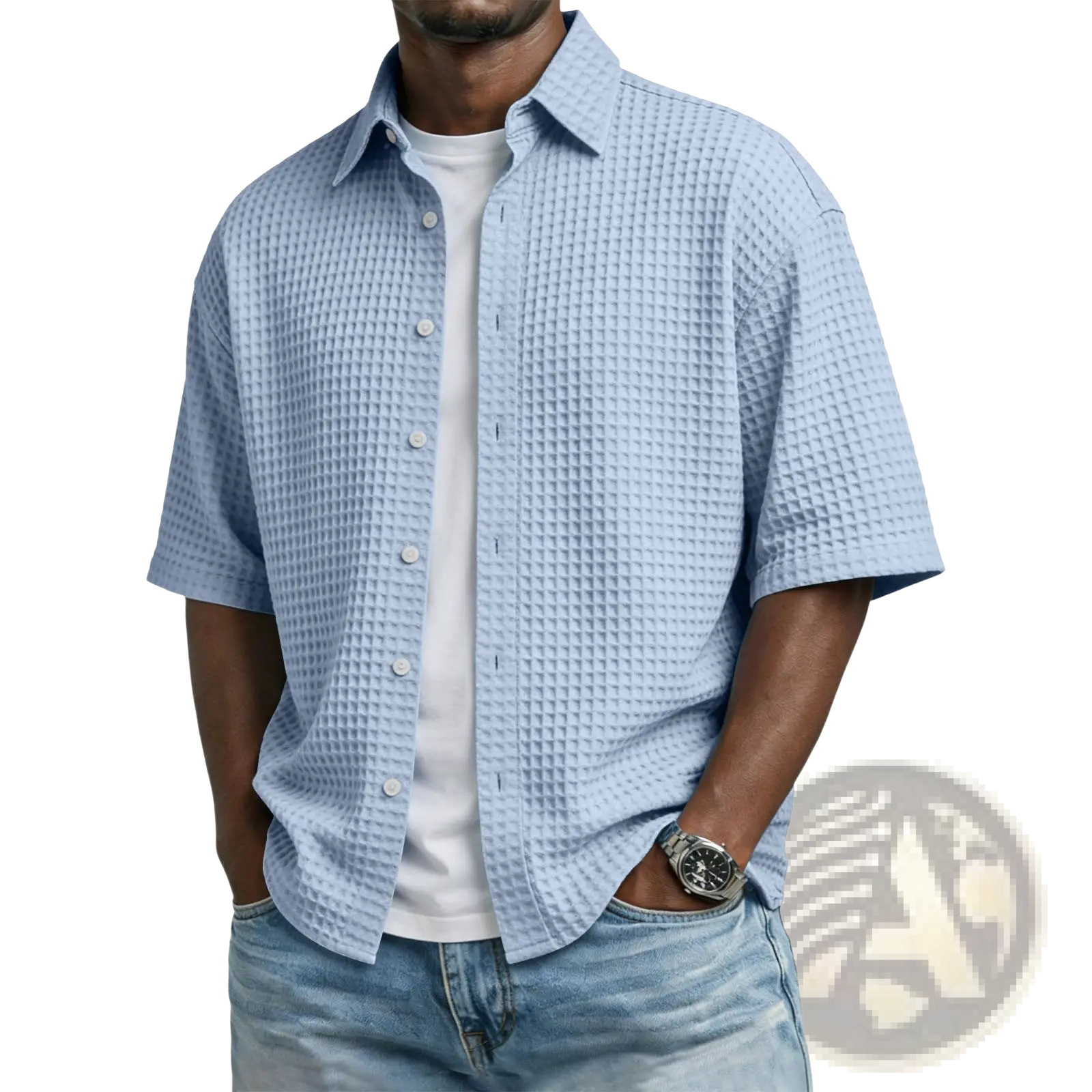 Men’s light blue waffle knit short sleeve polo shirt featuring button-up front and breathable textured fabric